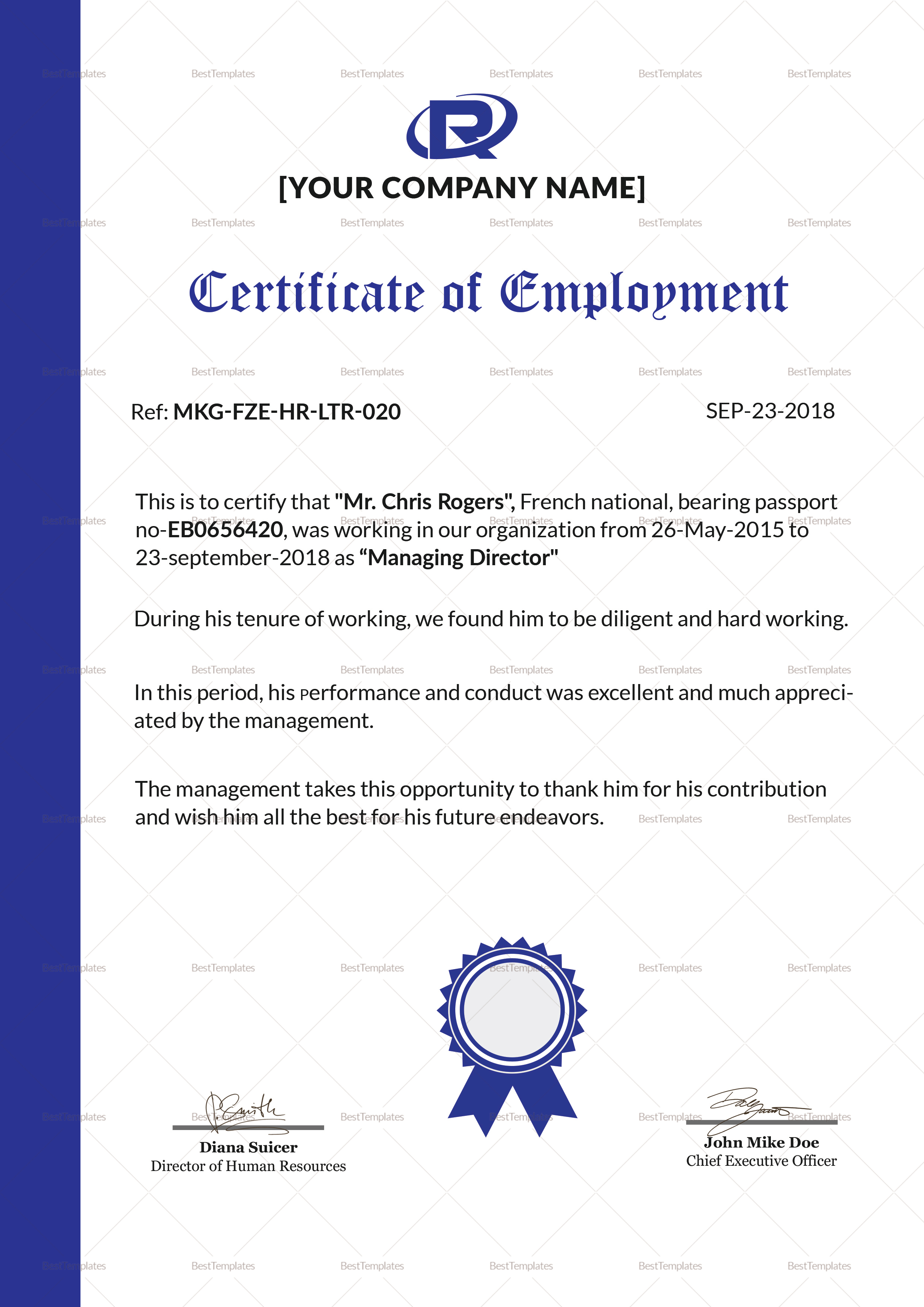 Employment Certificate Template Intended For Template Of Certificate Of Employment