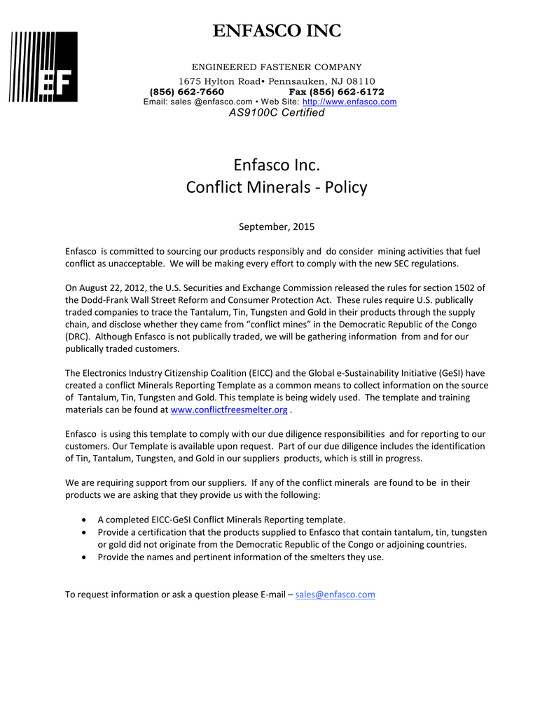 Enfasco Inc Enfasco Inc. Conflict Minerals – Policy Intended For Conflict Minerals Reporting Template