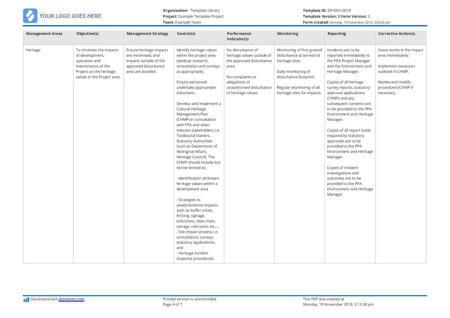 Environmental Management Plan Template (For Construction With Regard To Environmental Impact Report Template