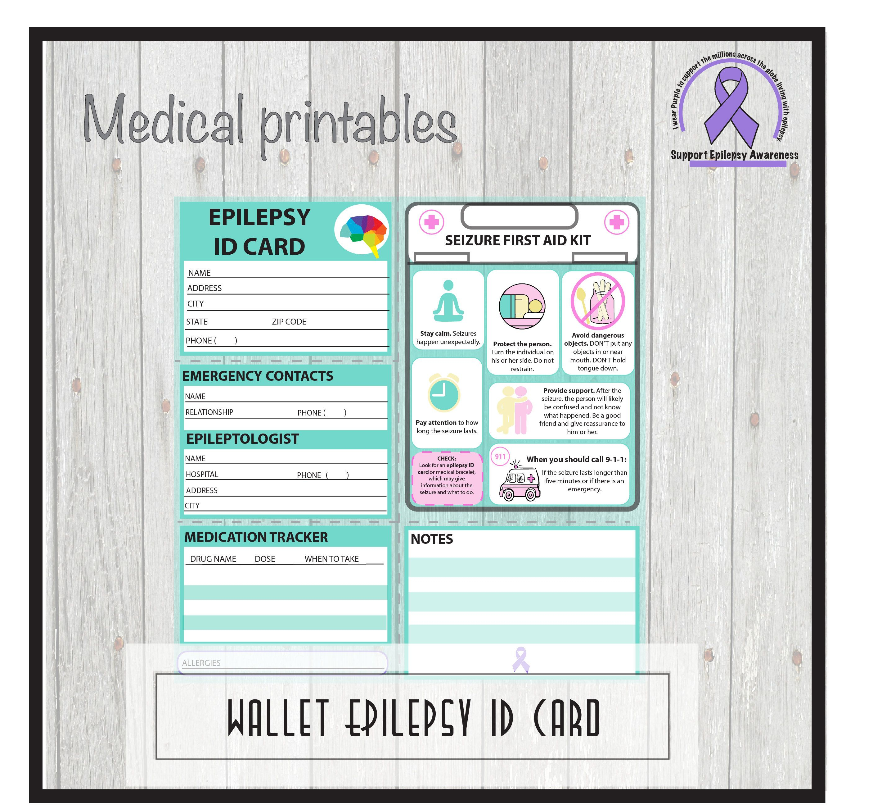 Epilepsy Medical Alert Id Card, Pocket Wallet Id, School In Medical Alert Wallet Card Template