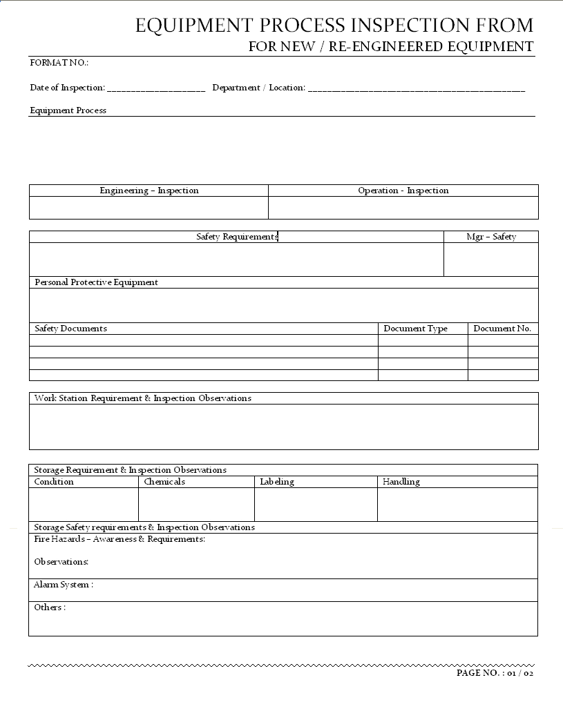 Equipment Process Inspection Form – Inside Engineering Inspection Report Template