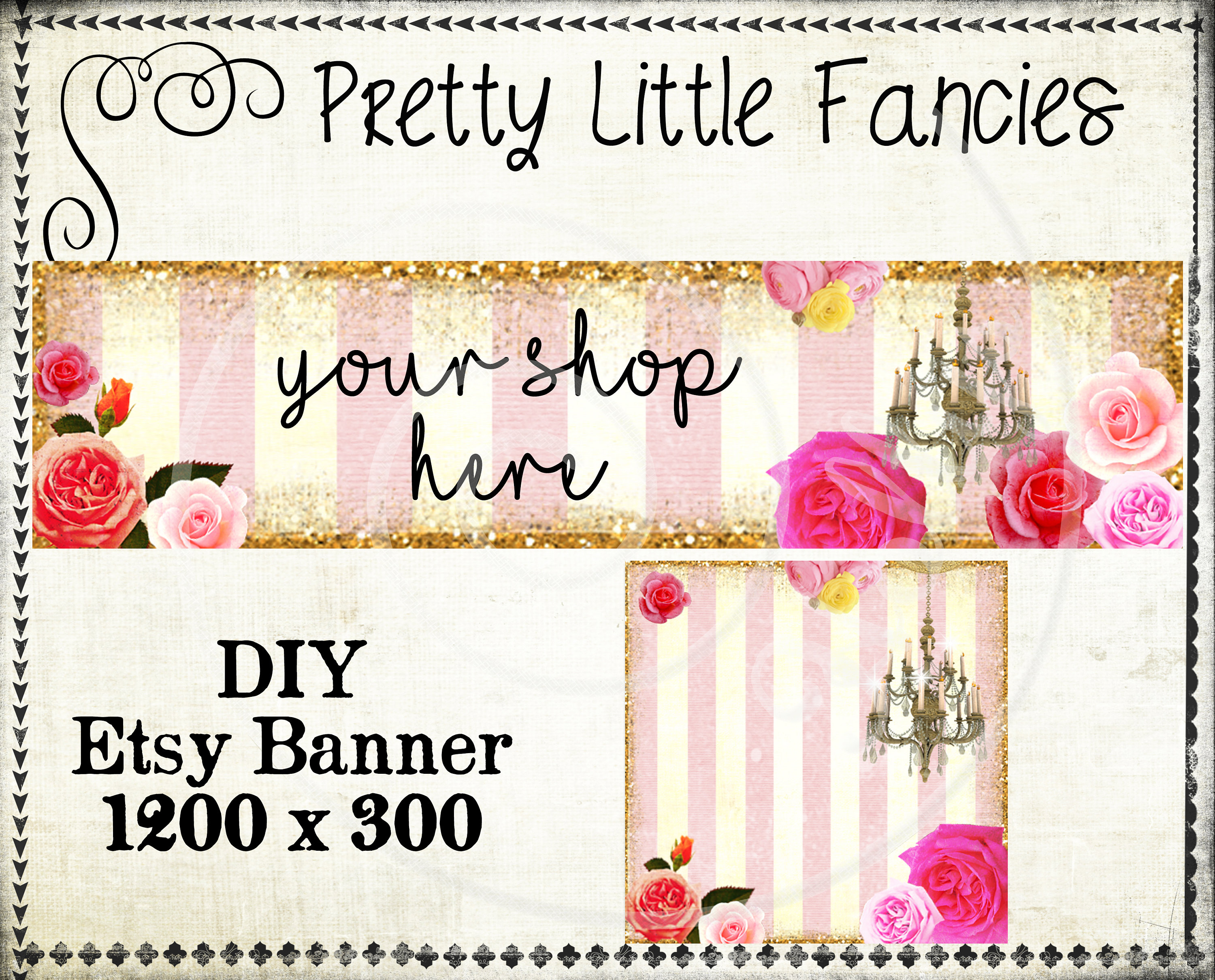 Etsy Shop Banner Diy Banner Template Premade Etsy Store Large Banner And  Icon Gold Glitter Digital Roses Chandelier Throughout Etsy Banner Template
