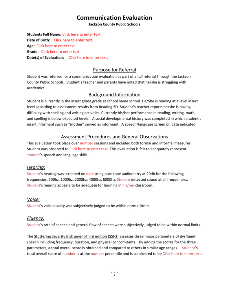 Evaluation Template 4 Pertaining To Speech And Language Report Template