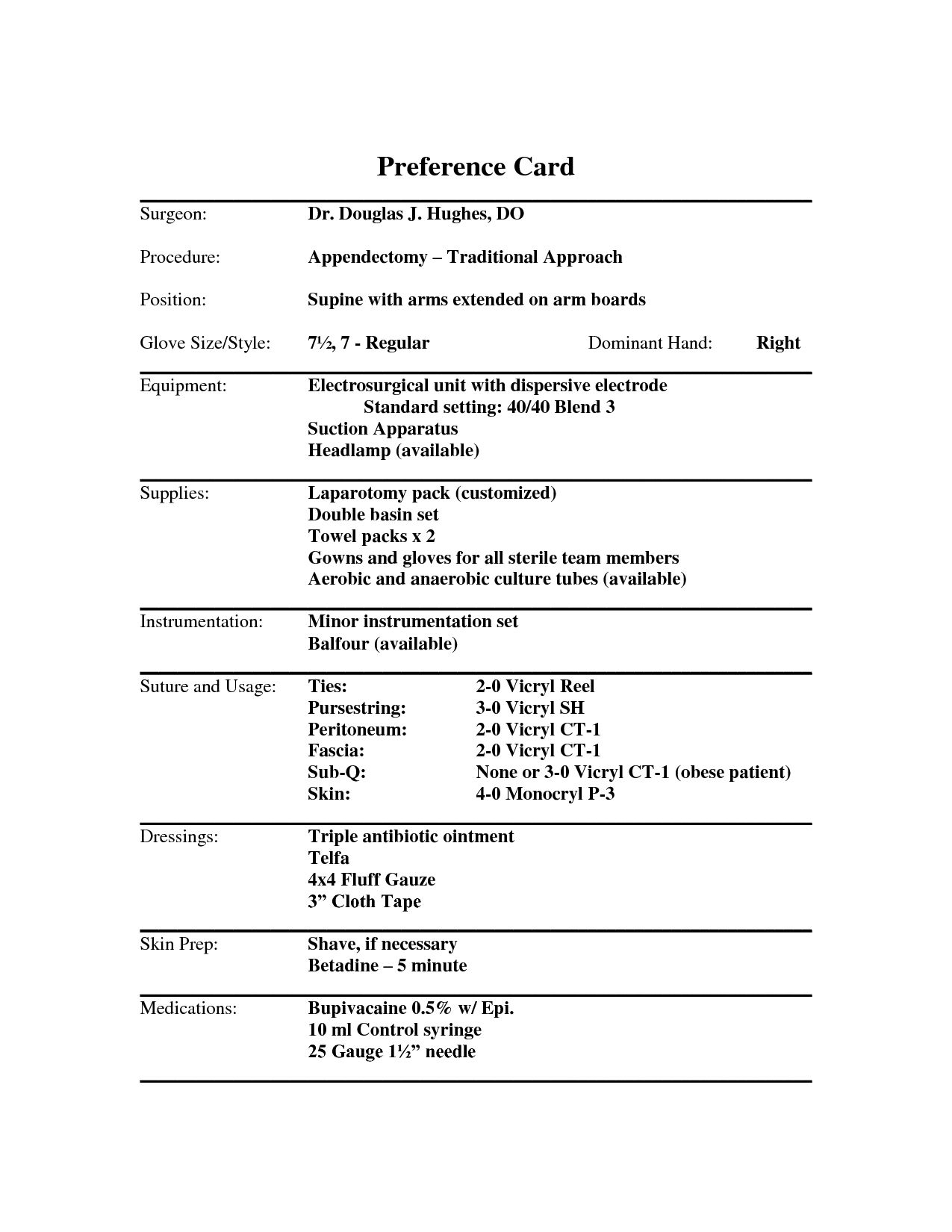 Example Of A Surgeons Preference Card | Surgical Tech For Med Card Template