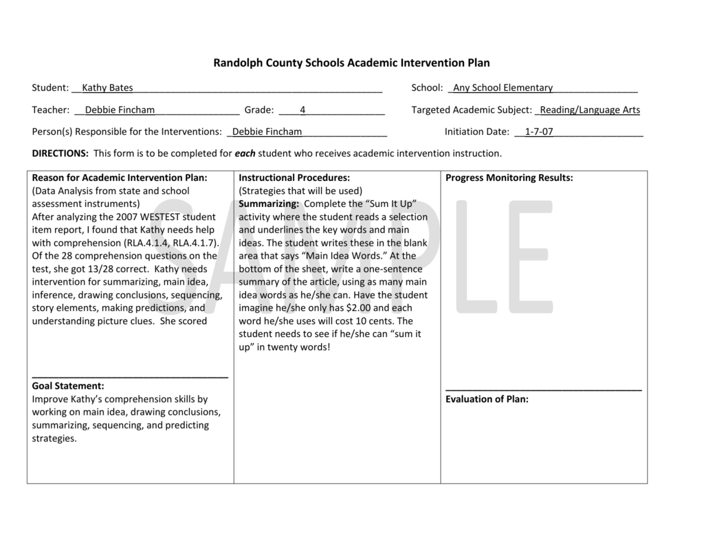 Example Of Academic Intervention Plan For Grades 3 5 Throughout Intervention Report Template