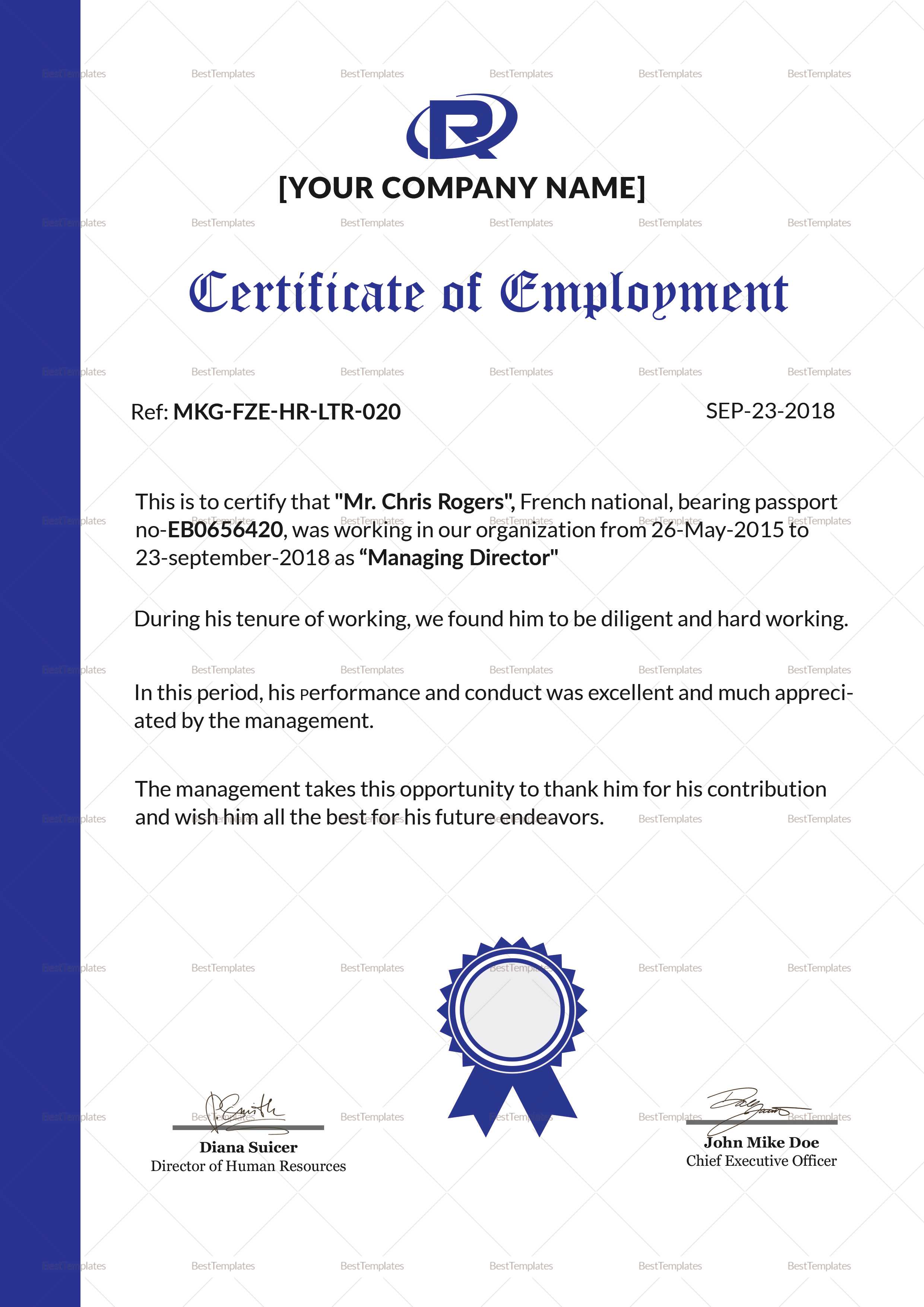 Excellent Employment Certificate Template Regarding Good Job Certificate Template