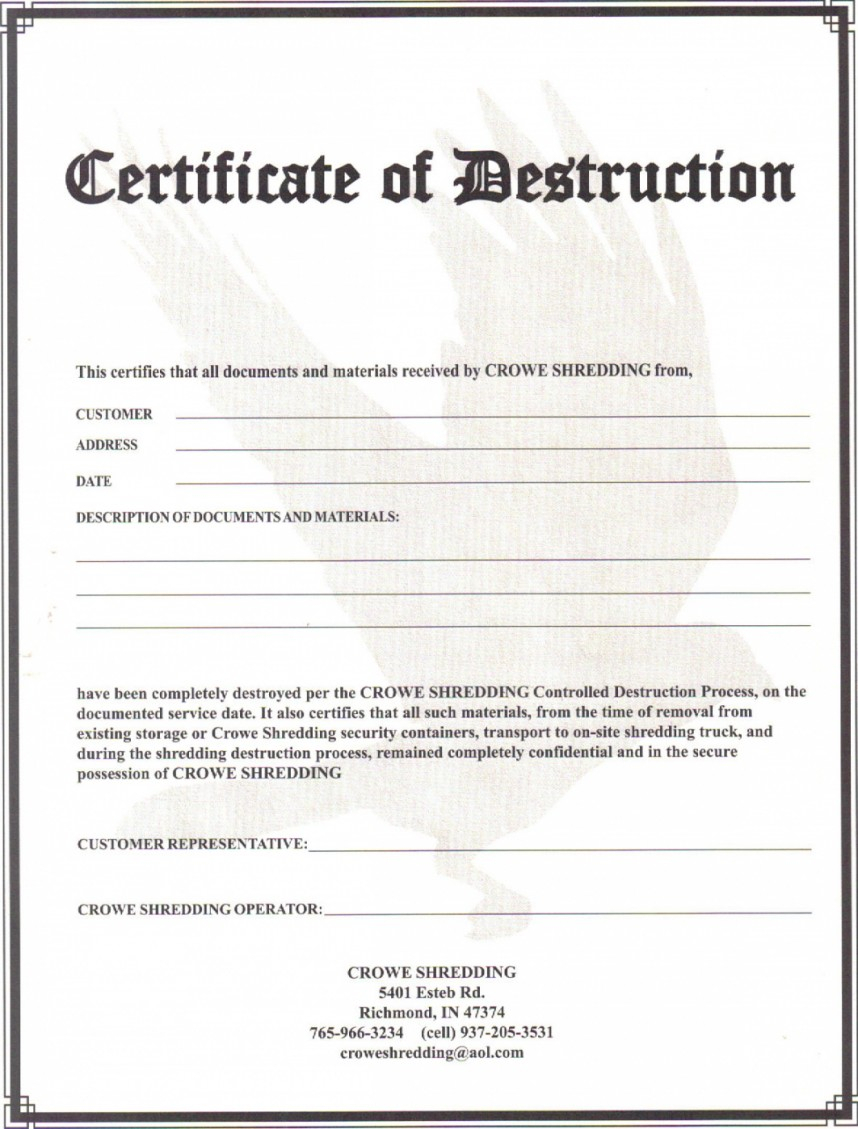 Exceptional Certificate Of Destruction Template Ideas Data Within Destruction Certificate Template