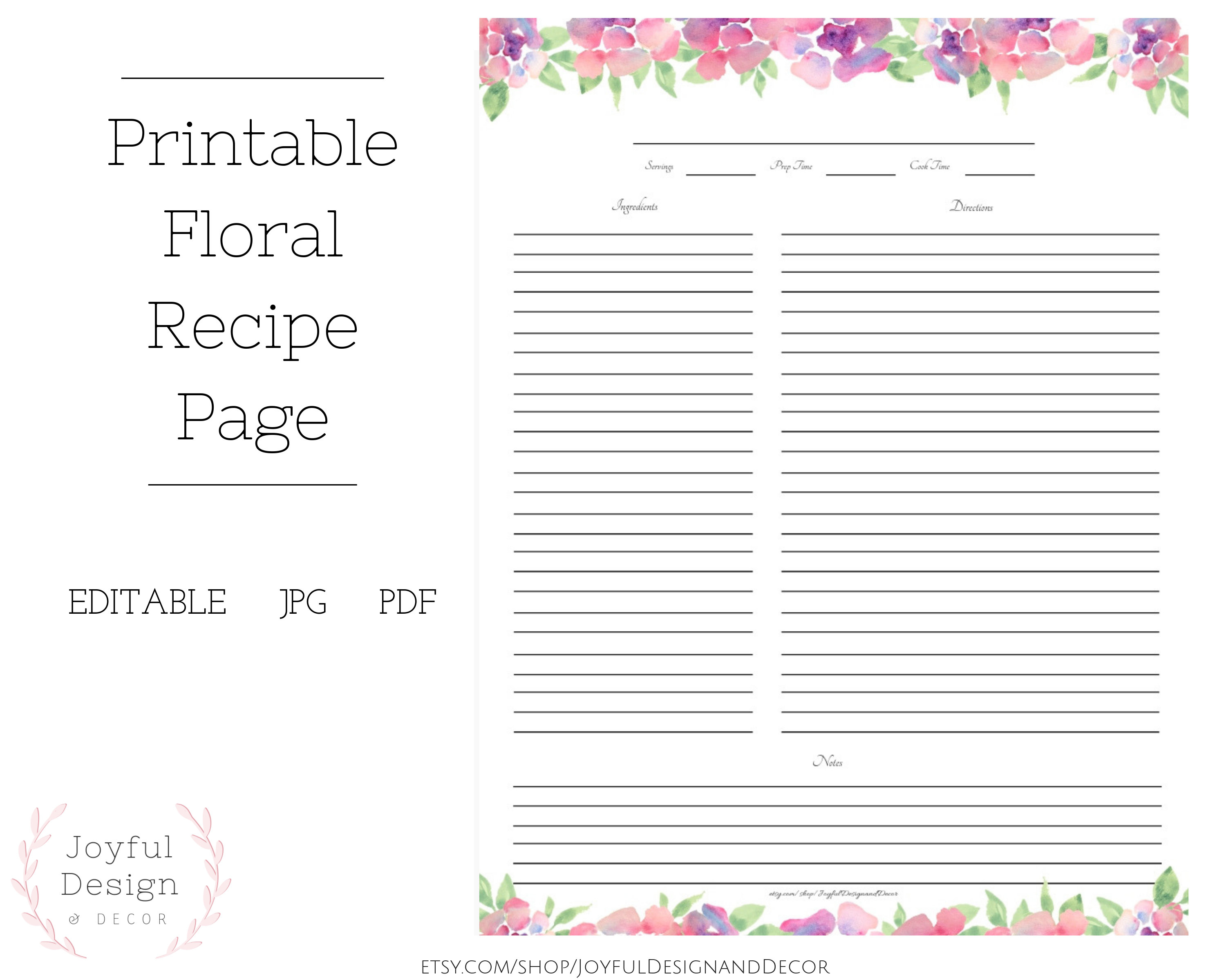 Fillable Recipe Page Floral Recipe Page Blank Recipe Template Recipe  Organization Recipe Storage Ideas Full Page Recipe Card Recipe Cards Intended For Fillable Recipe Card Template