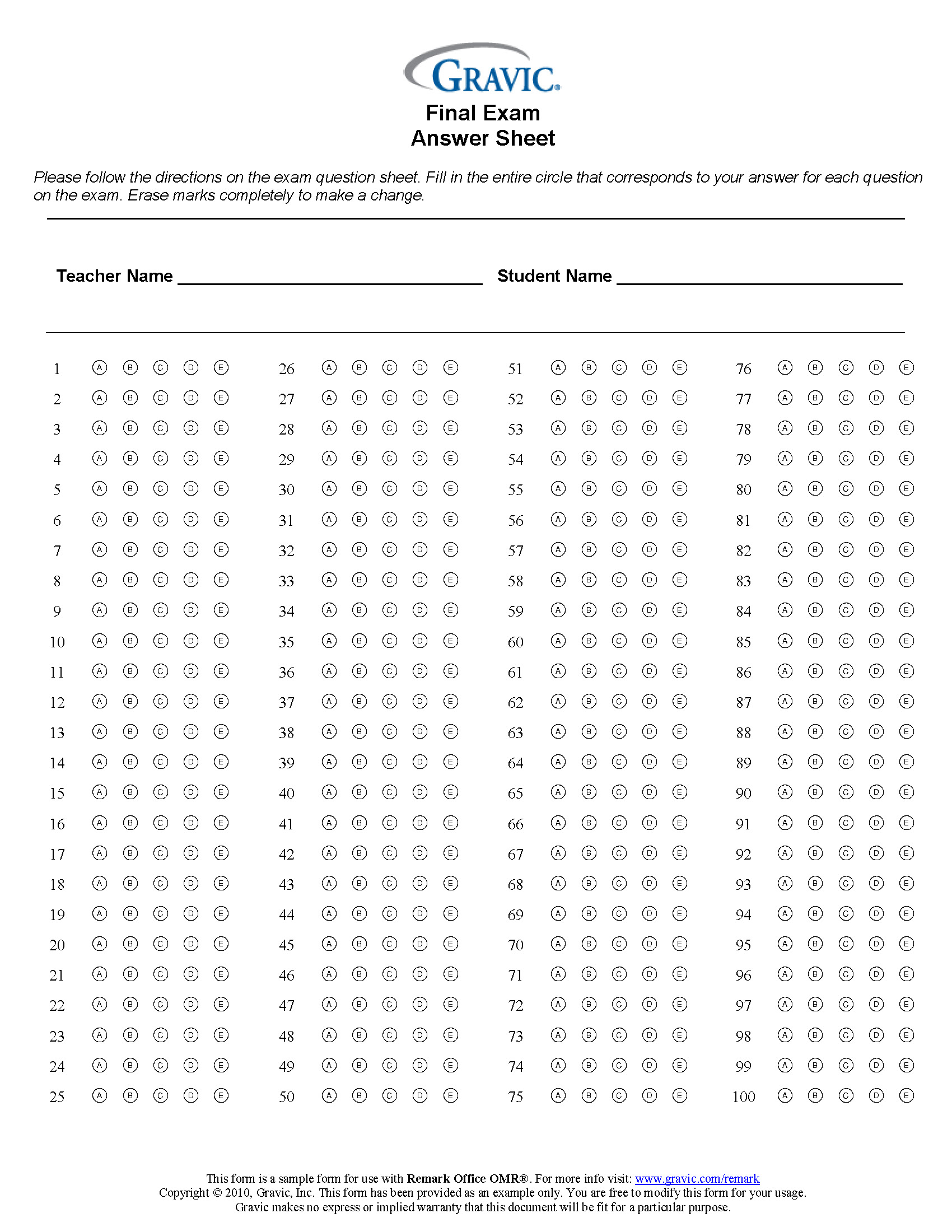 Final Exam 100 Question Test Answer Sheet · Remark Software In Blank Answer Sheet Template 1 100