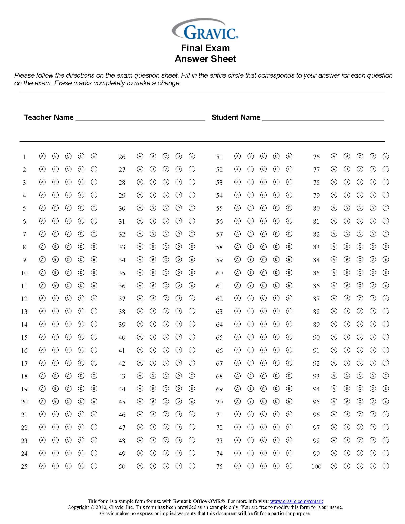 Final Exam 100 Question Test Answer Sheet · Remark Software In Blank Answer Sheet Template 1 100