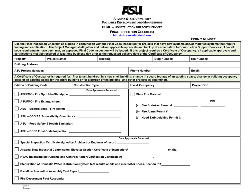 Final Inspection Checklist Pertaining To Certificate Of Inspection Template