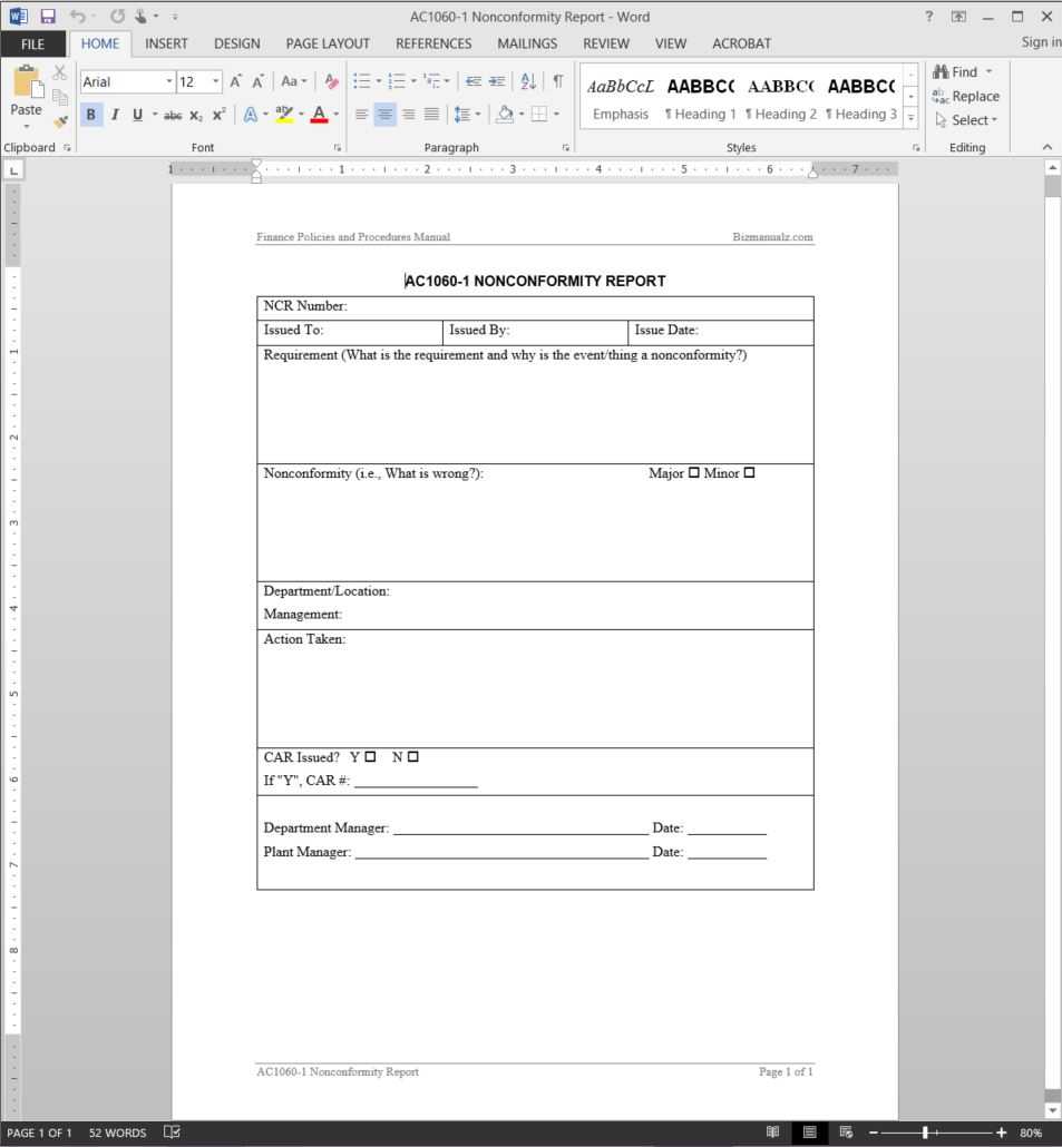 Financial Nonconformity Report Template | Ac1060 1 Throughout Non Conformance Report Template