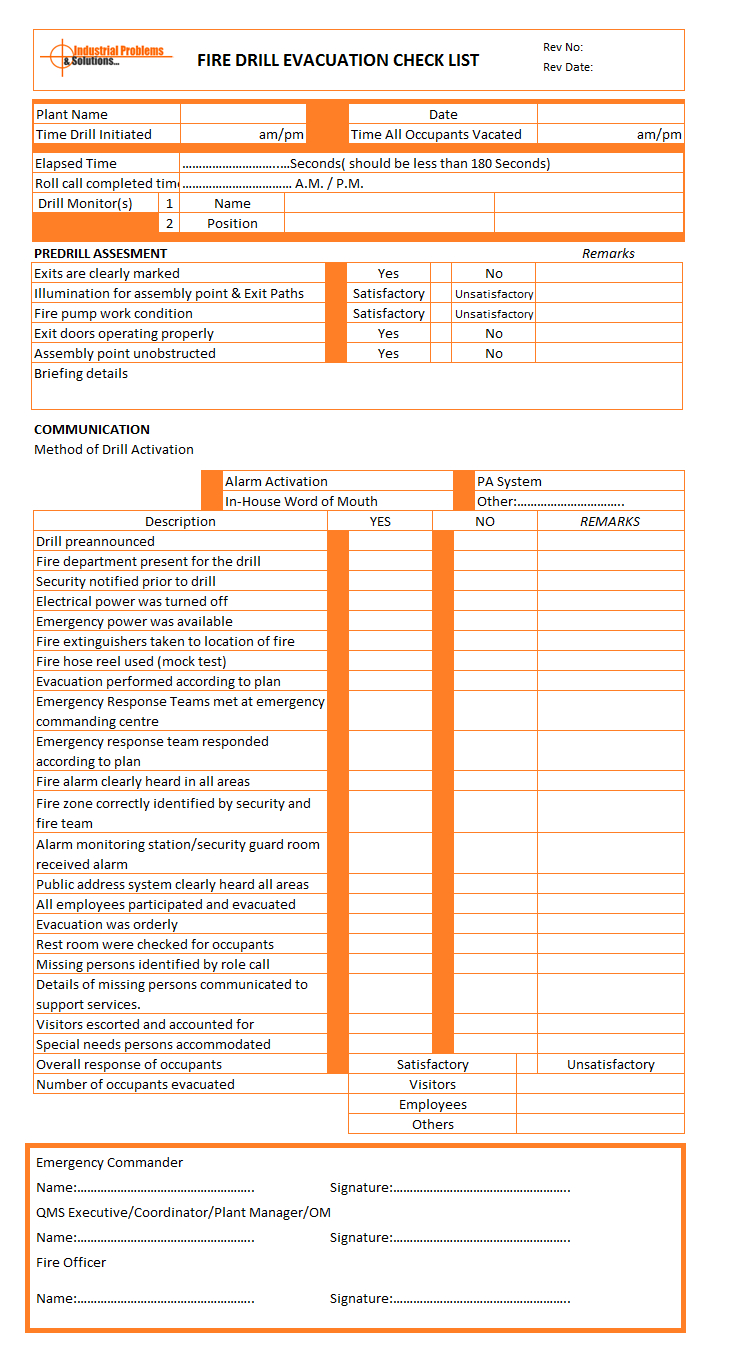 Fire Drill Evacuation Checklist | Format | Example In Fire Evacuation Drill Report Template