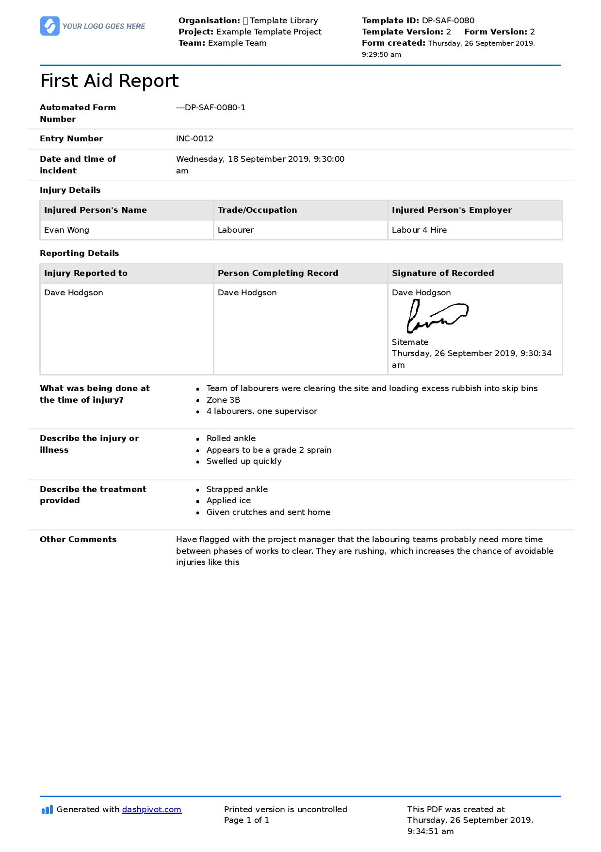 First Aid Report Form Template (Free To Use, Better Than Pdf) Throughout First Aid Incident Report Form Template