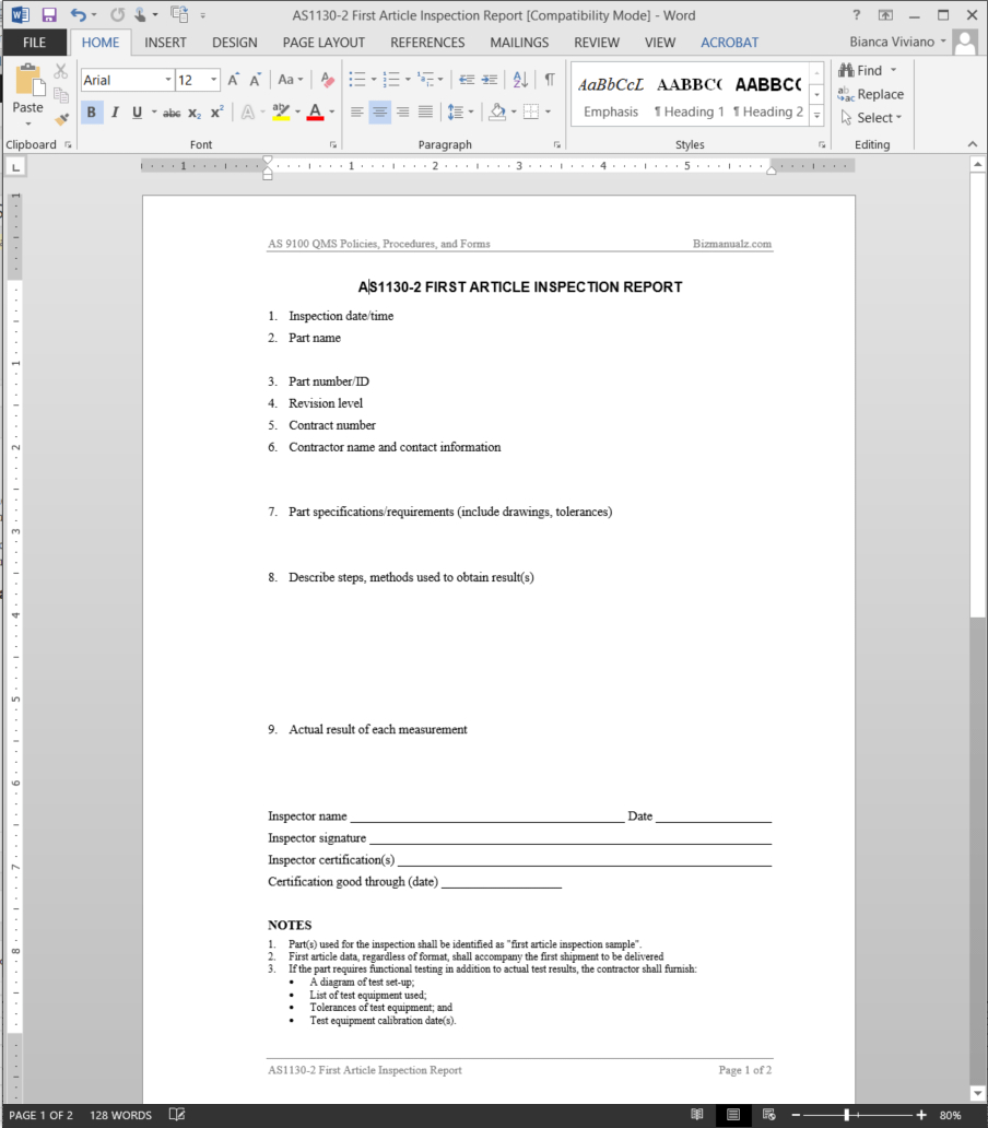 First Article Inspection Report As9100 Template | As1130 2 Regarding Part Inspection Report Template