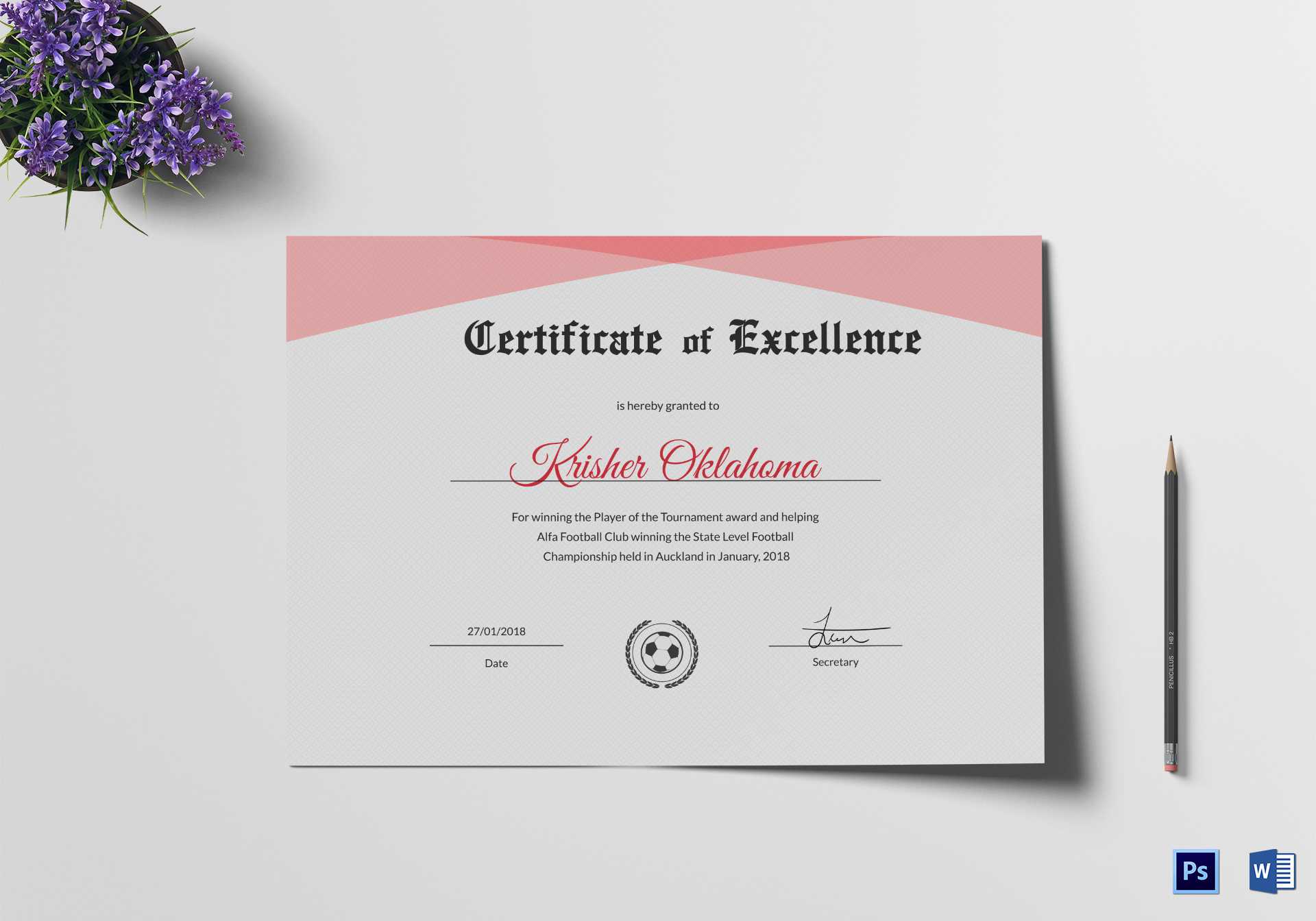 Football Excellence Award Certificate Design Template In Psd With Football Certificate Template