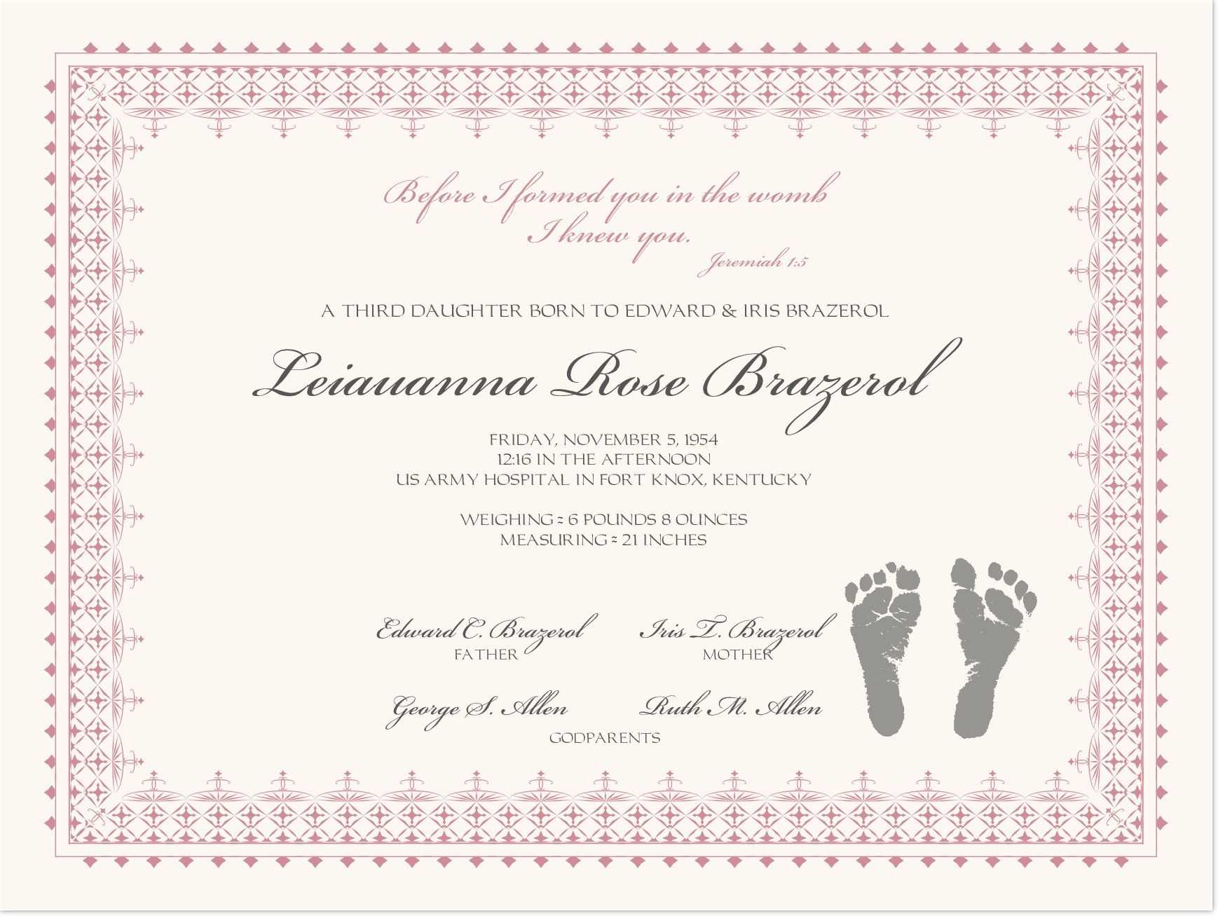 Footprints Baby Certificates | Birth Certificate Template Regarding Baby Dedication Certificate Template