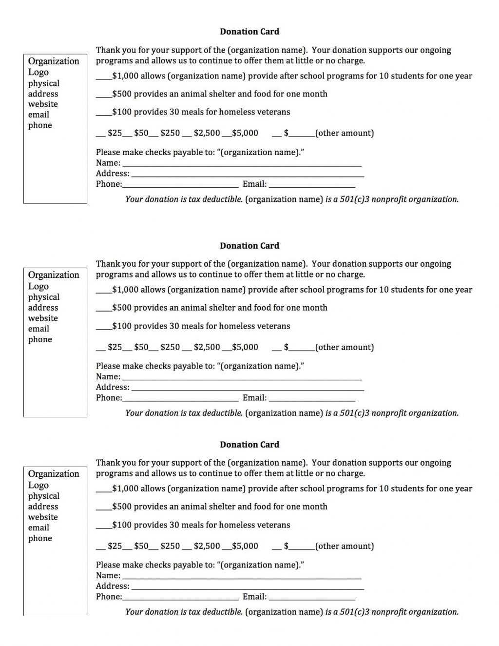 Form Donation Template Excel Html Pledge Doc Word Charitable Pertaining To Donation Card Template Free