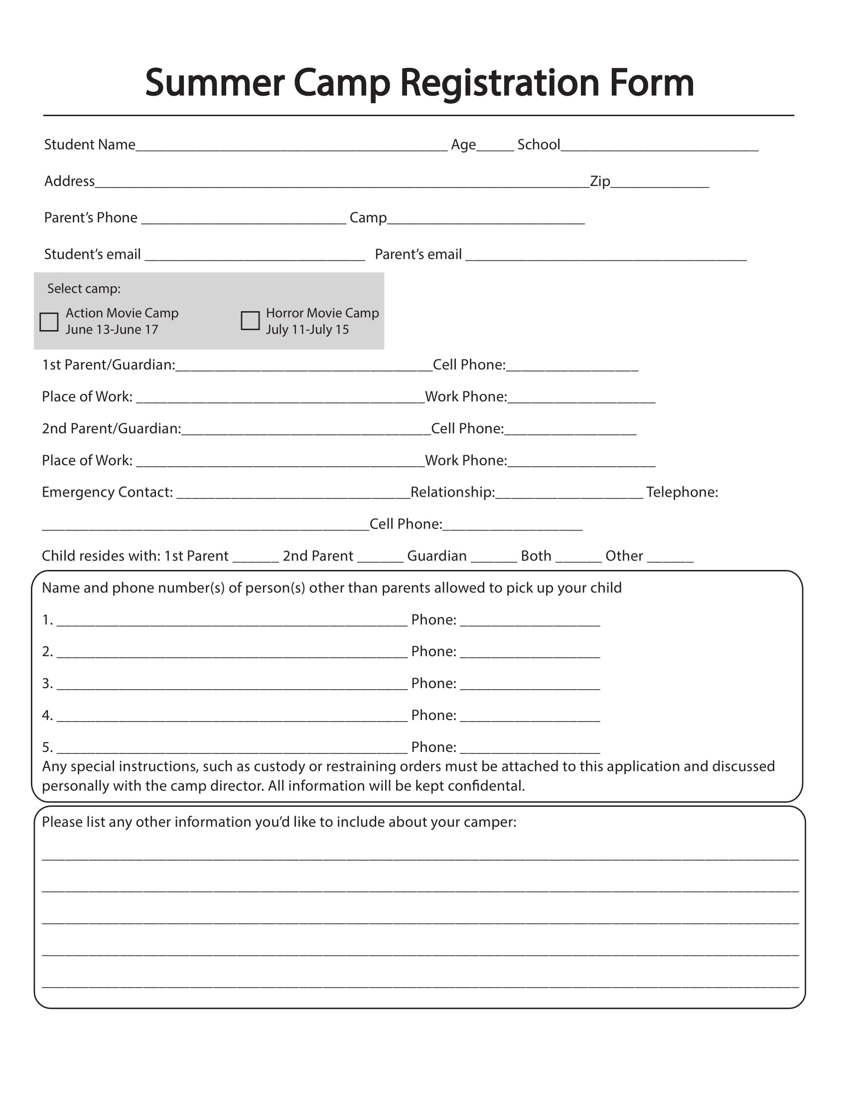 Free 10+ Printable Summer Camp Registration Forms | Pdf With Regard To Camp Registration Form Template Word