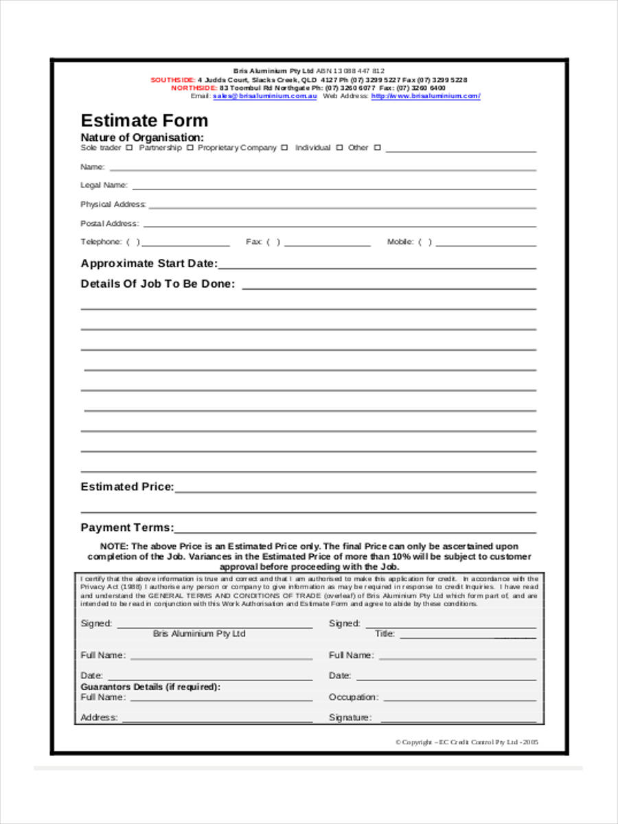 Free 39+ Sample Estimate Forms | Pdf Pertaining To Blank Estimate Form Template