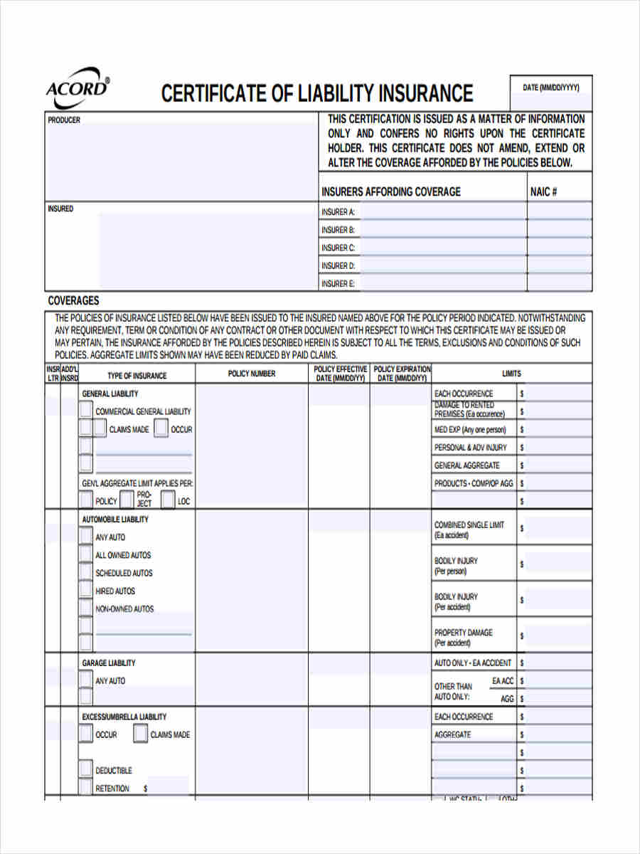 Free 9+ Liability Insurance Forms In Samples, Examples, Formats With Certificate Of Liability Insurance Template