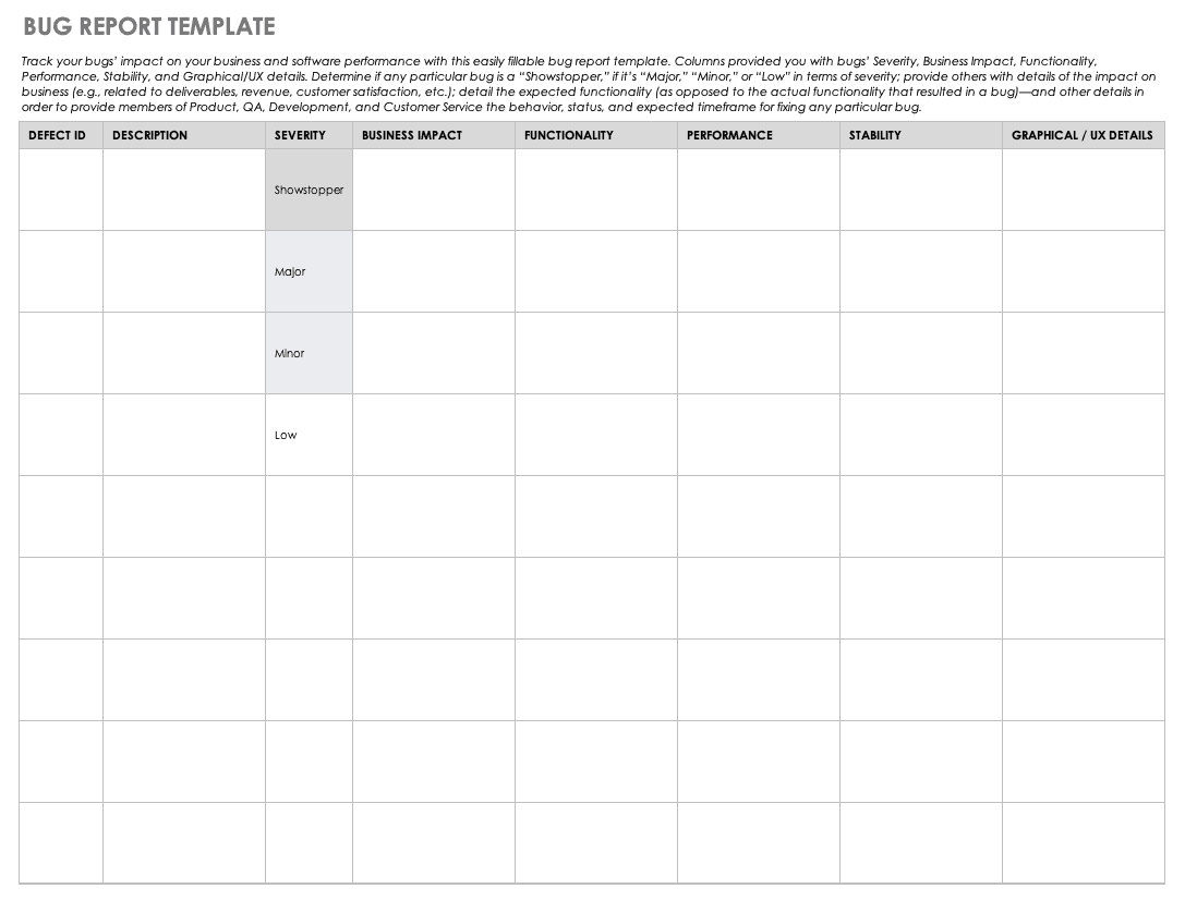 Free Bug Report Templates And Forms | Smartsheet In Bug Report Template Xls
