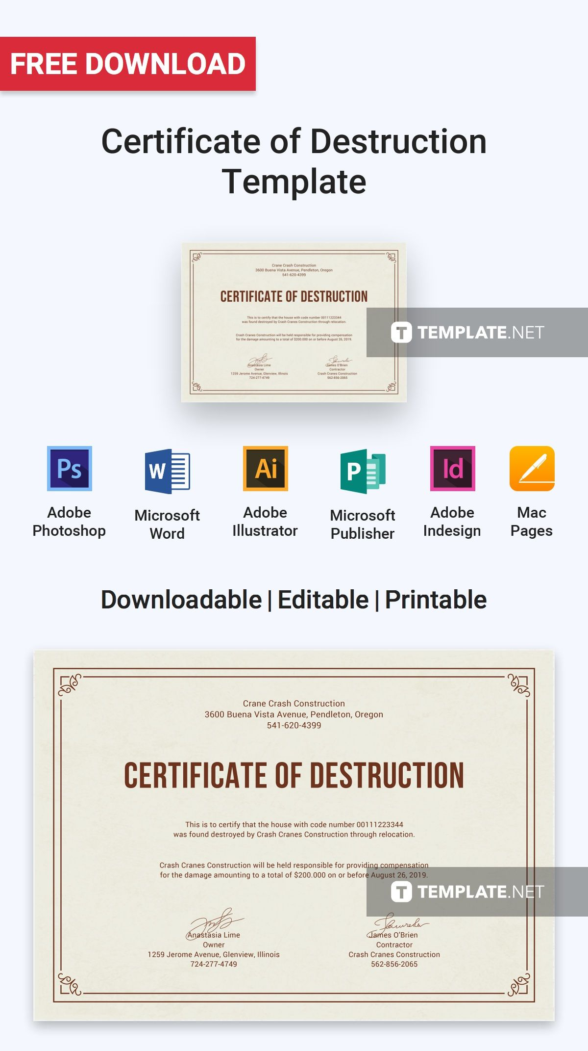 Free Certificate Of Destruction | Certificate Templates With Regard To Certificate Of Destruction Template