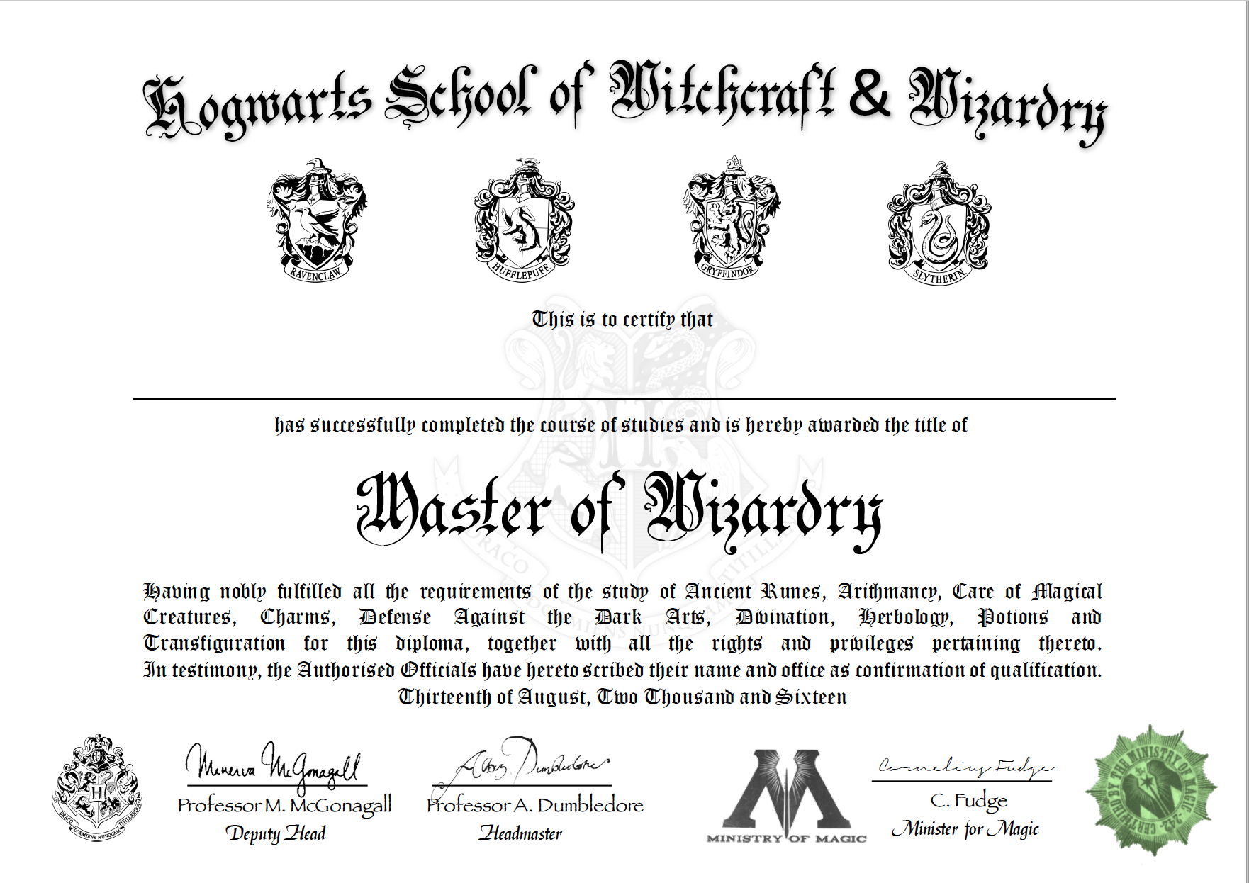 Free Certificate Of Hogwarts To Download And Use | Harry In Harry Potter Certificate Template