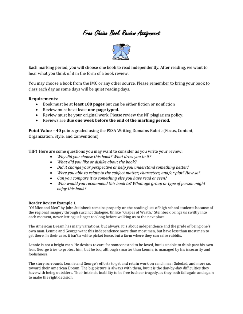 Free Choice Book Review Assignment For One Page Book Report Template