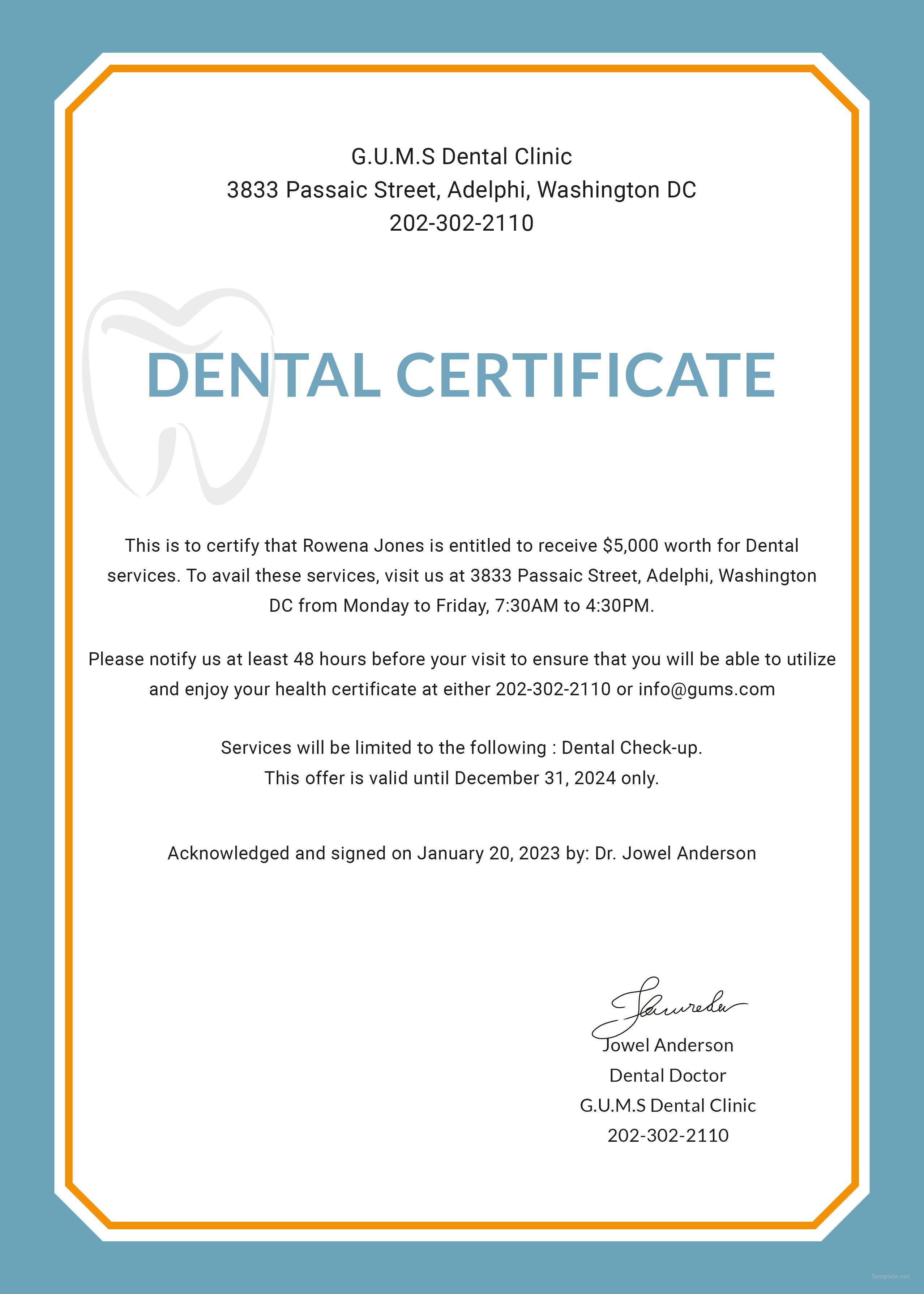 Free Dental Medical Certificate Sample | Free Dental, Dental Inside Free Fake Medical Certificate Template