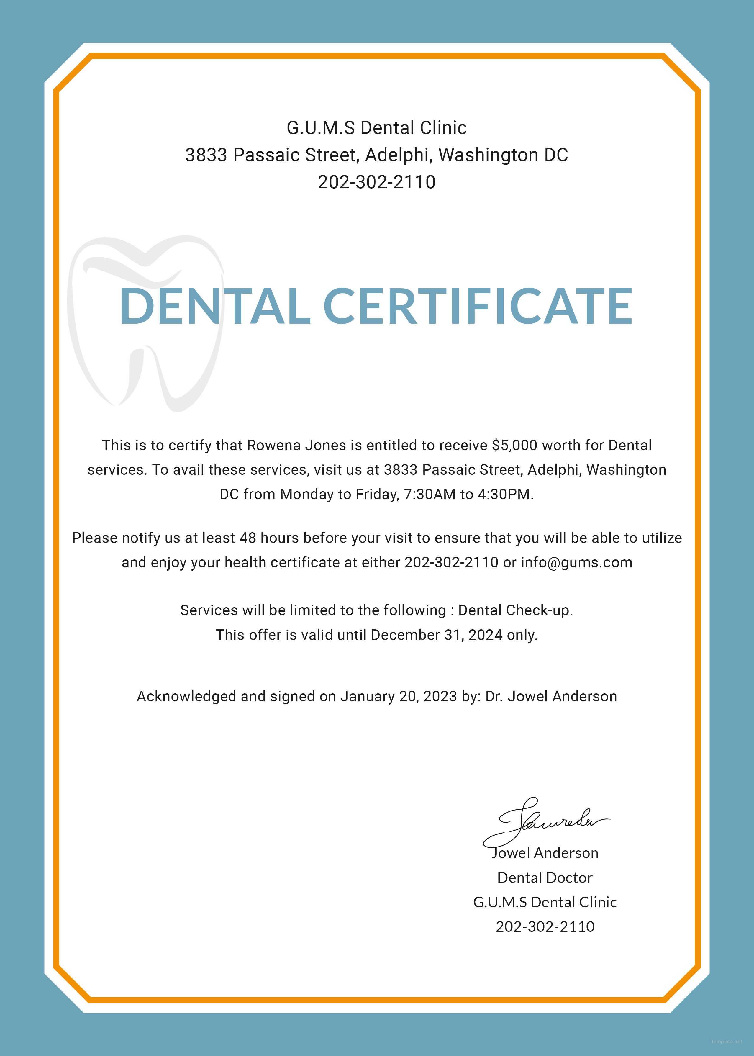 Free Dental Medical Certificate Sample | Free Dental, Dental With Fake Medical Certificate Template Download