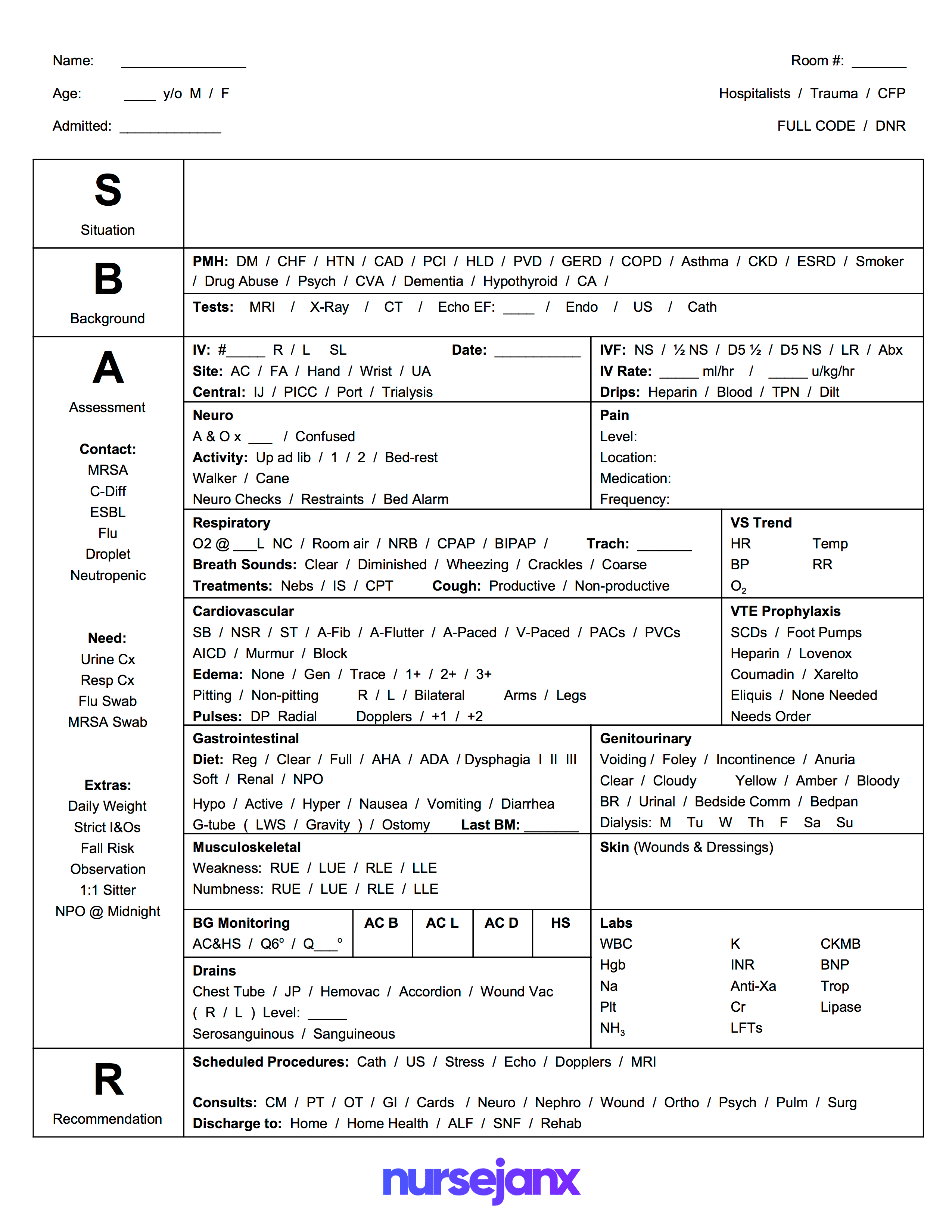 Free Download! This Is A Full Size Sbar Nursing Brain Report With Med Surg Report Sheet Templates