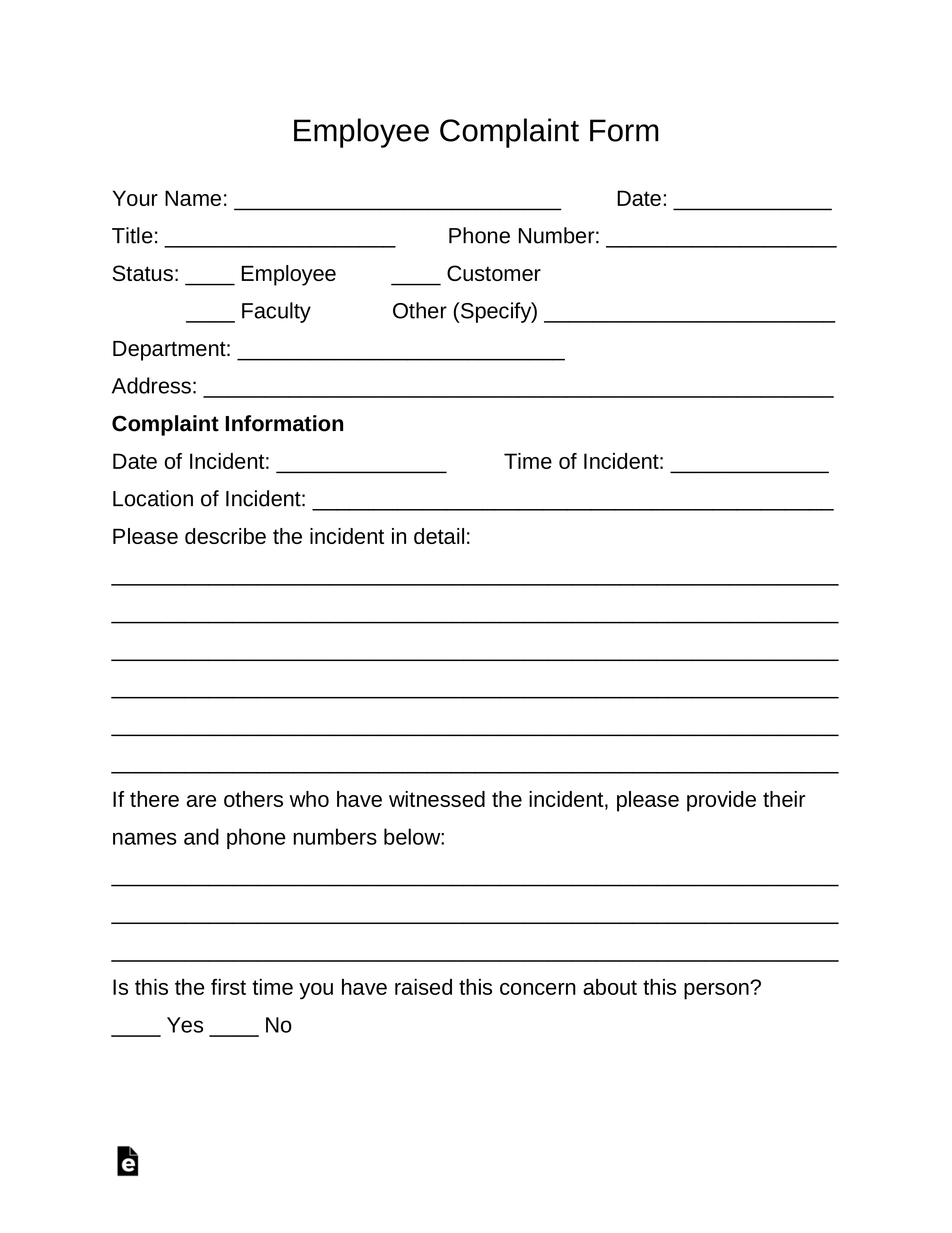 Free Employee Complaint Form – Pdf | Word | Eforms – Free In Word Employee Suggestion Form Template