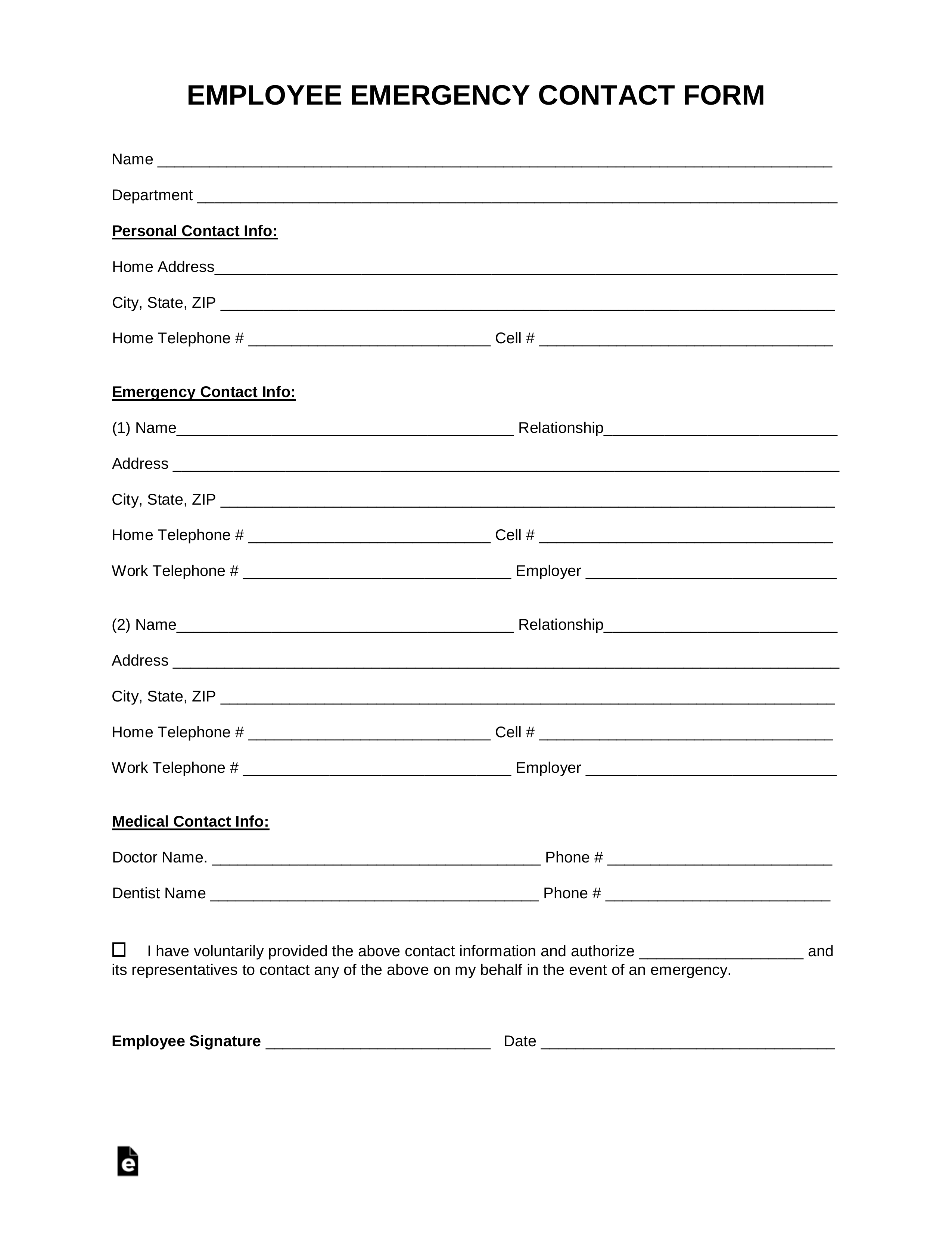 Free Employee Emergency Contact Form – Pdf | Word | Eforms Intended For Emergency Contact Card Template