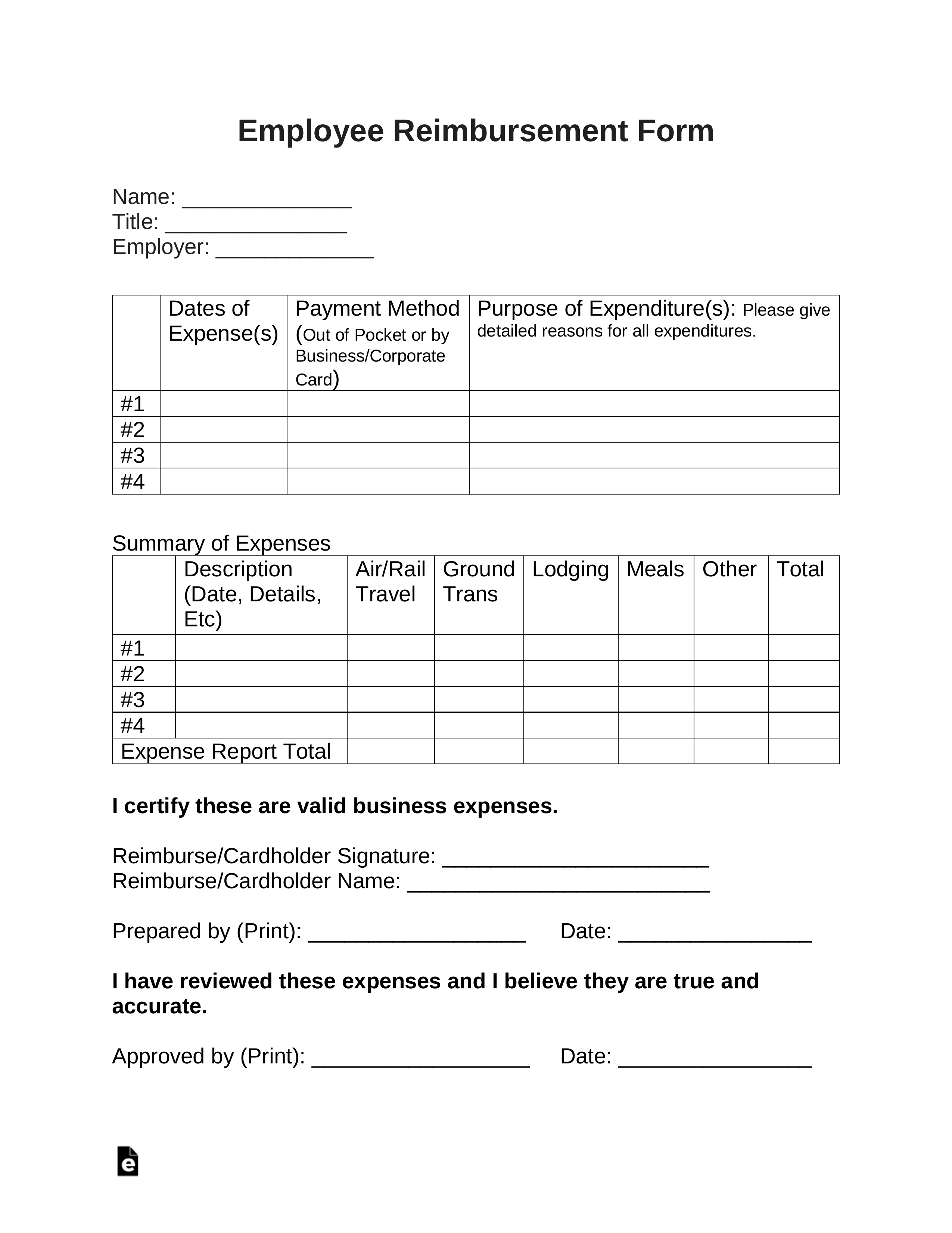 Free Employee Reimbursement Form - Pdf | Word | Eforms Regarding Reimbursement Form Template Word