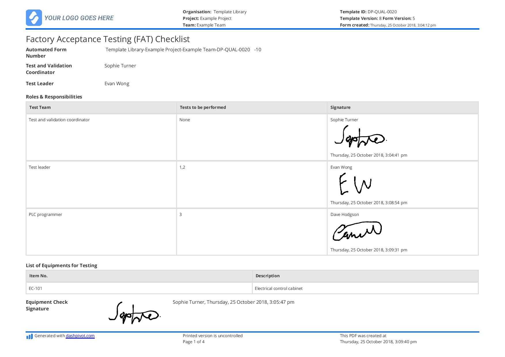 Free Factory Acceptance Testing Checklist (Fat) – Better Within Acceptance Test Report Template