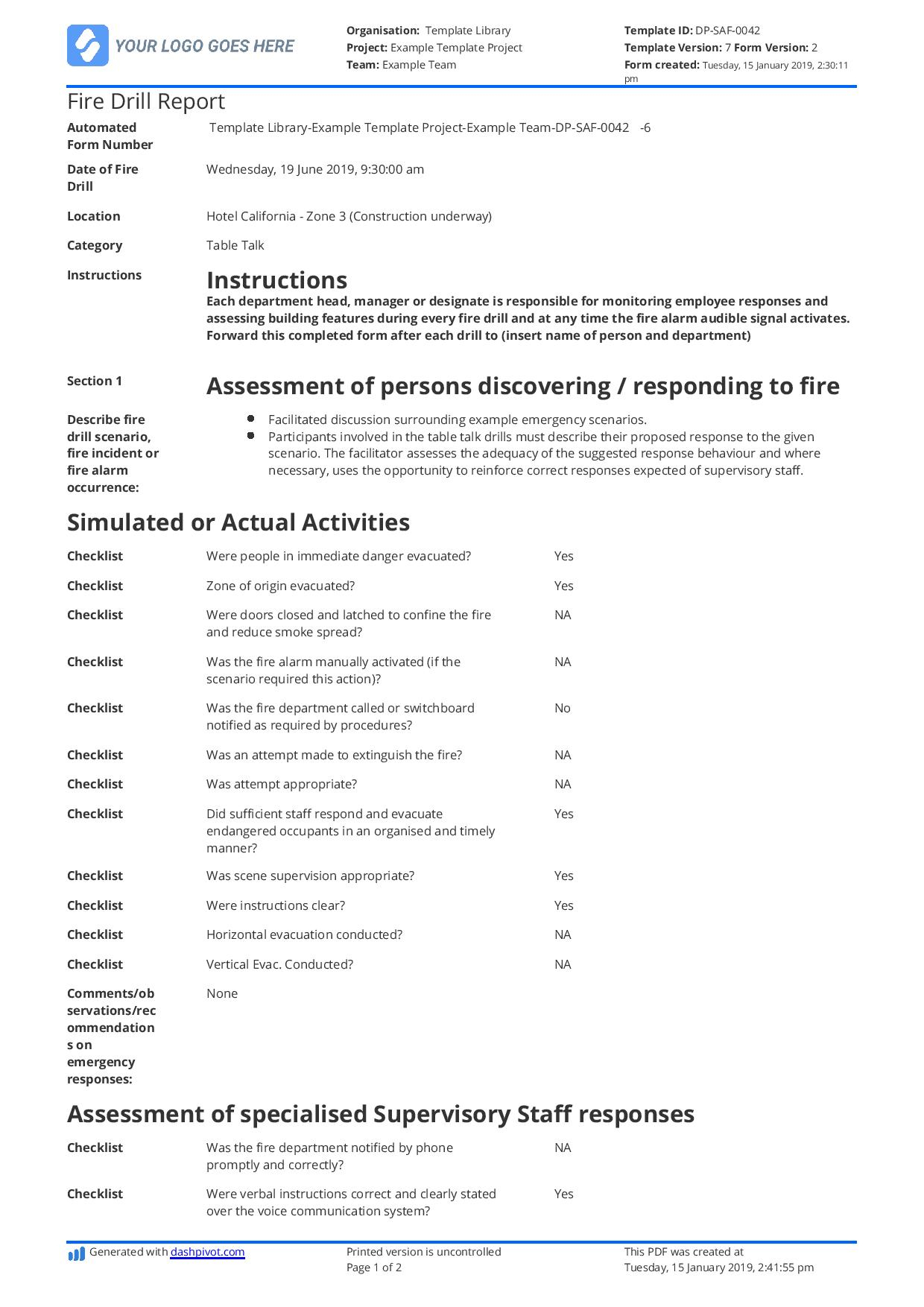 Free Fire Drill Report Template - Use, Customise, Download For Emergency Drill Report Template