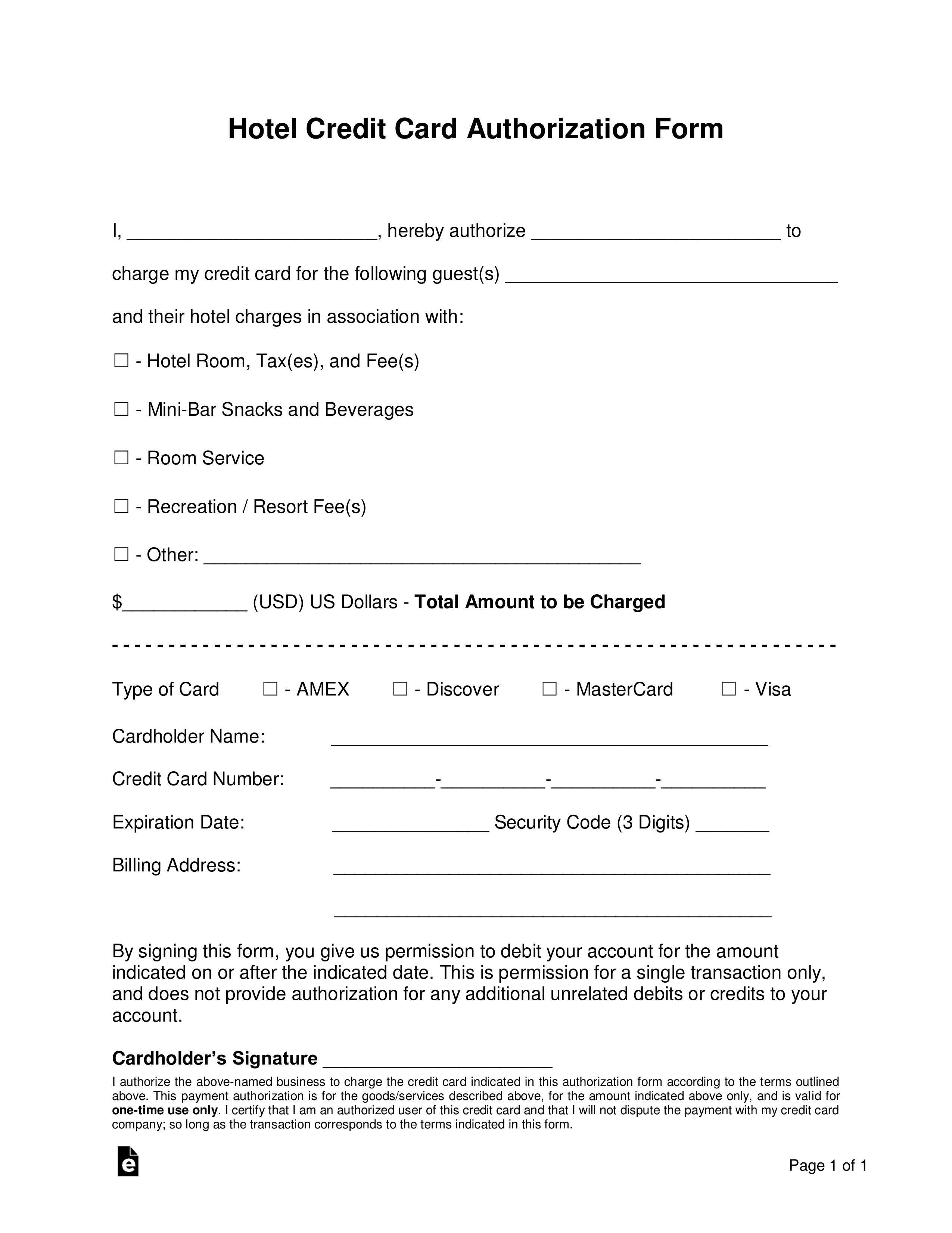 Free Hotel Credit Card Authorization Forms – Word | Pdf Regarding Hotel Credit Card Authorization Form Template