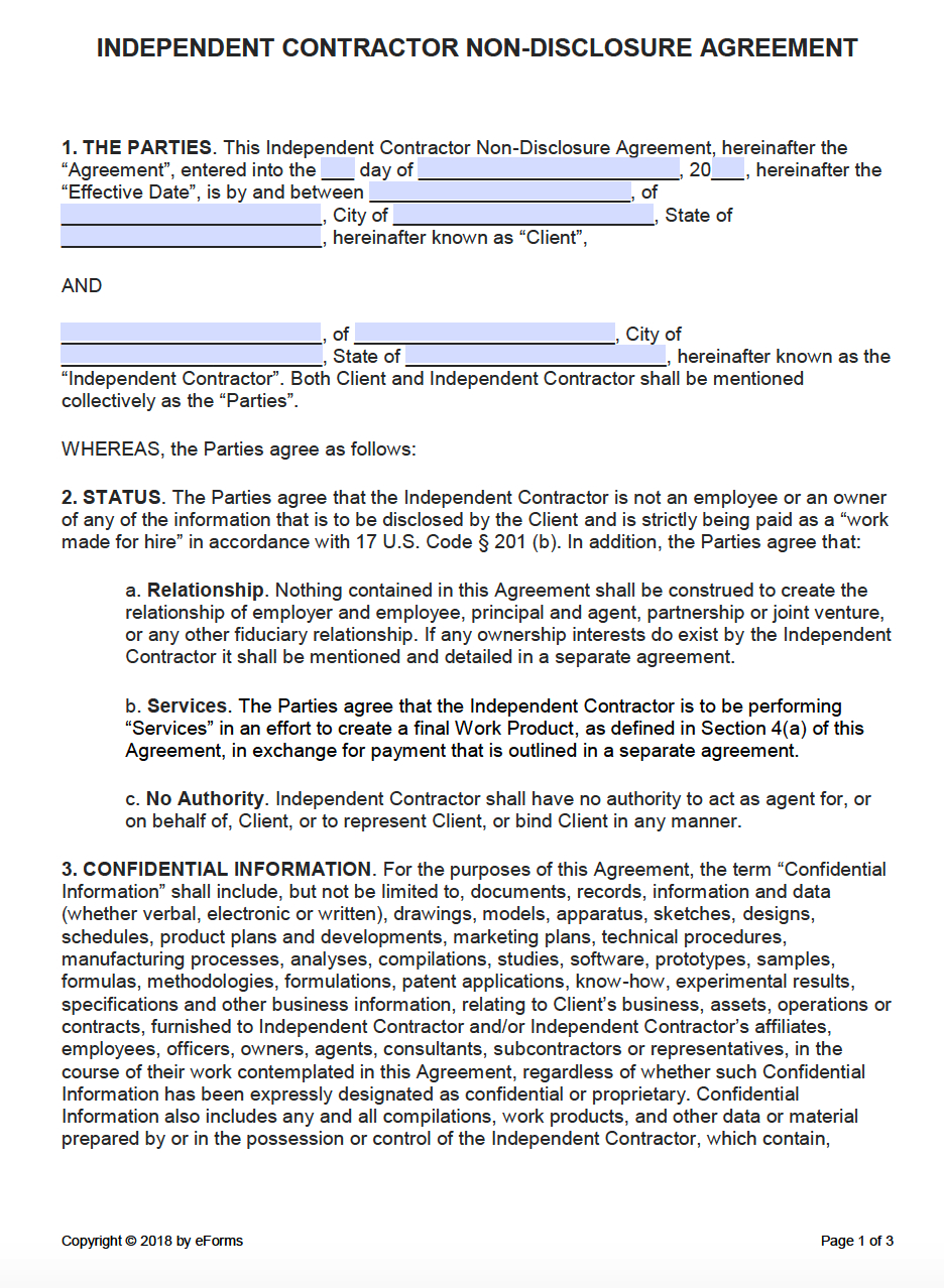 Free Independent Contractor Non Disclosure Agreement (Nda Throughout Nda Template Word Document