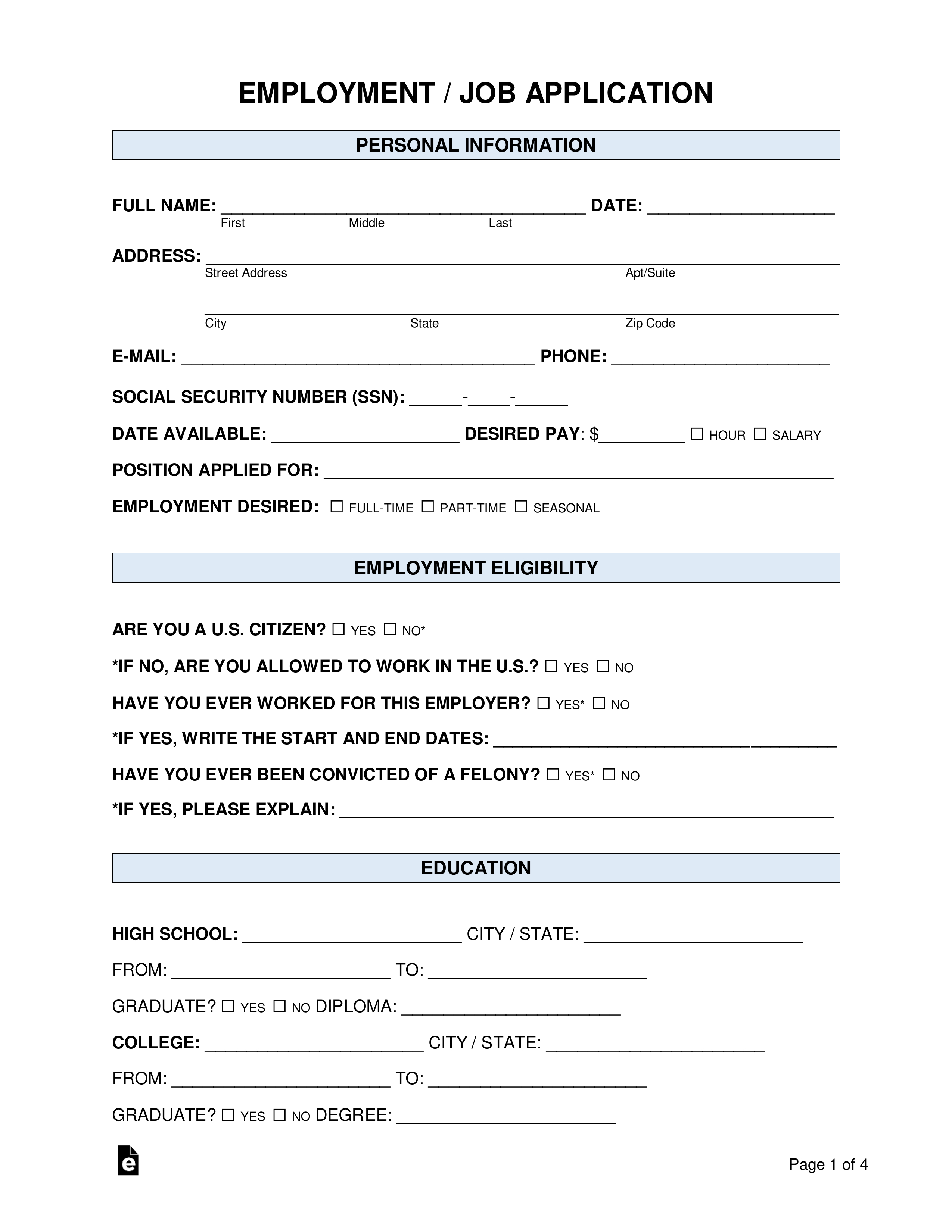 Free Job Application Form – Standard Template – Pdf | Word With Job Application Template Word