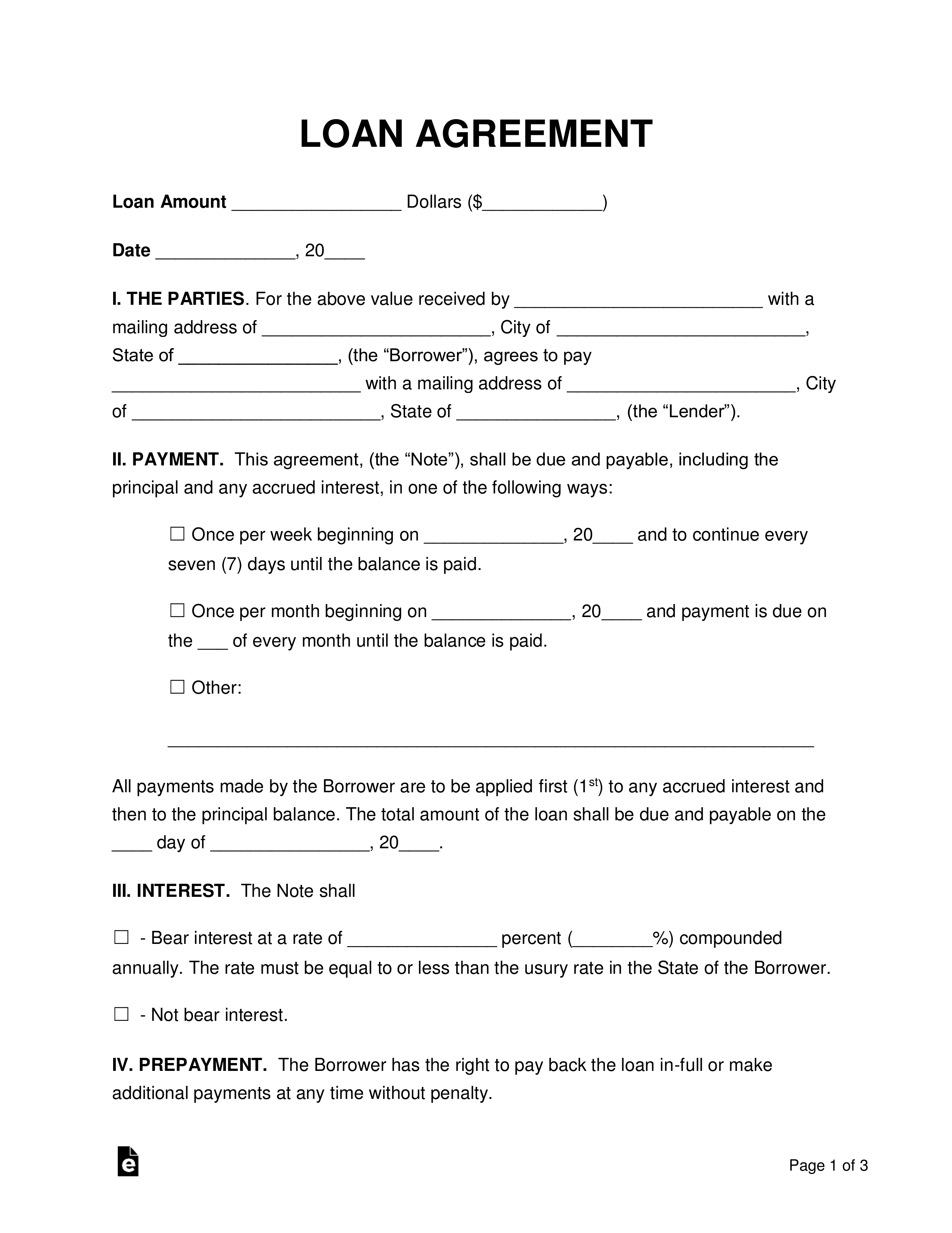 Free Loan Agreement Templates – Pdf | Word | Eforms – Free In Blank Loan Agreement Template