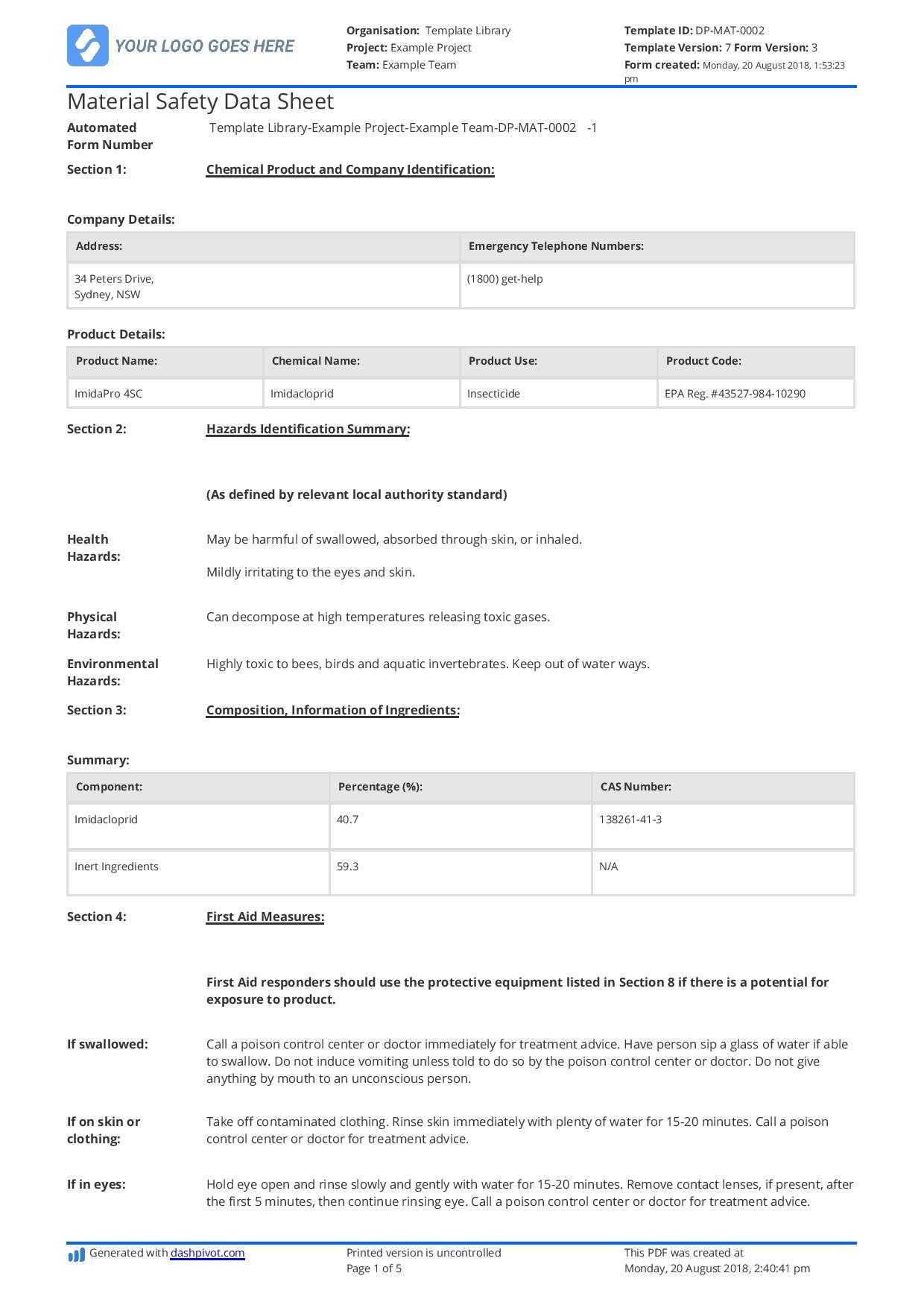 Free Material Safety Data Sheet Template (Better Than Word For Datasheet Template Word