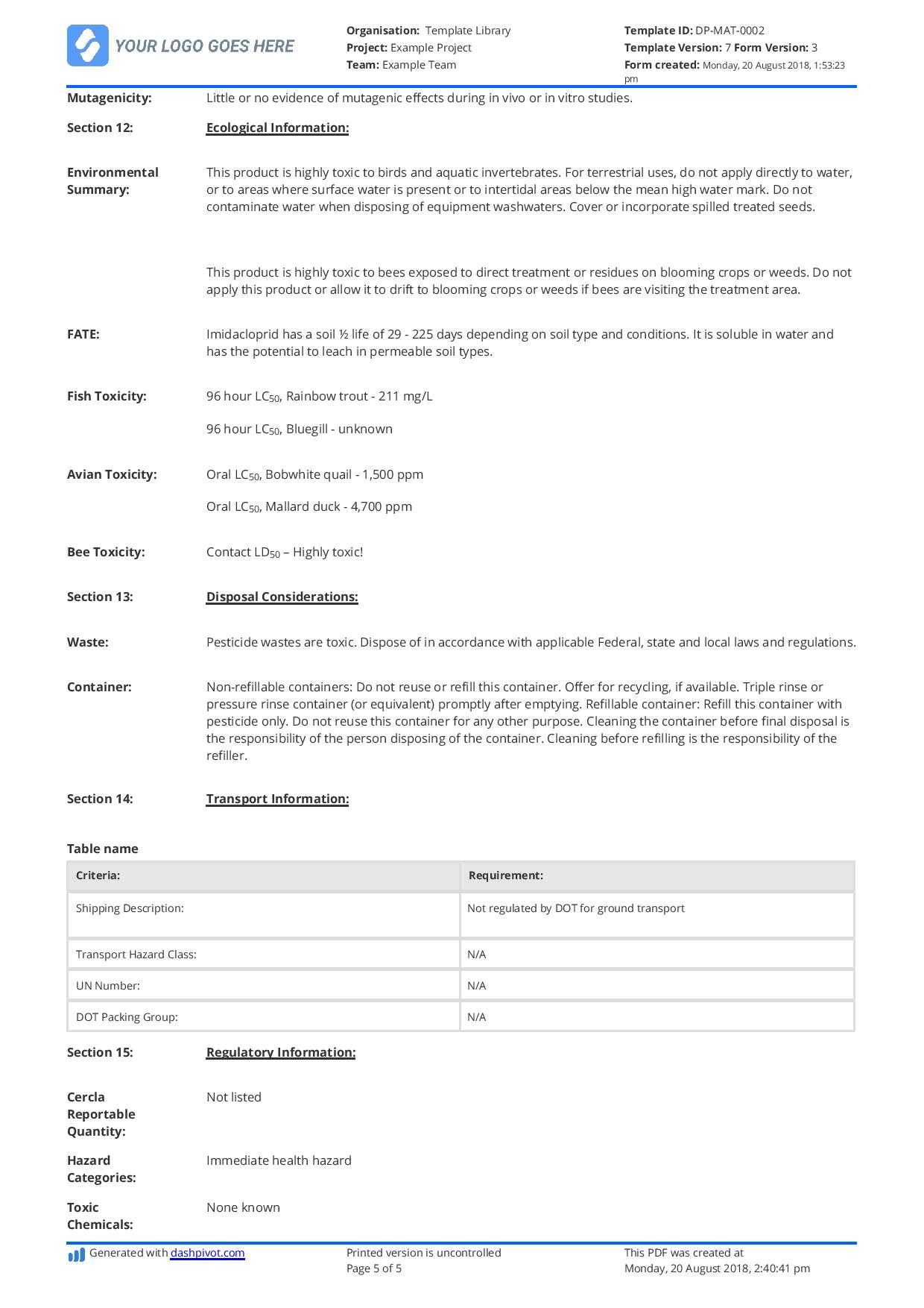 Free Material Safety Data Sheet Template (Better Than Word With Regard To Datasheet Template Word