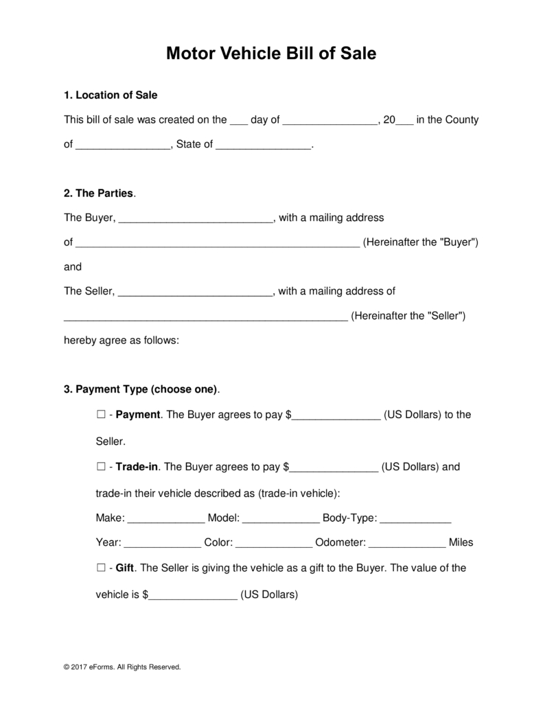 Free Motor Vehicle (Dmv) Bill Of Sale Form – Word | Pdf For Vehicle Bill Of Sale Template Word