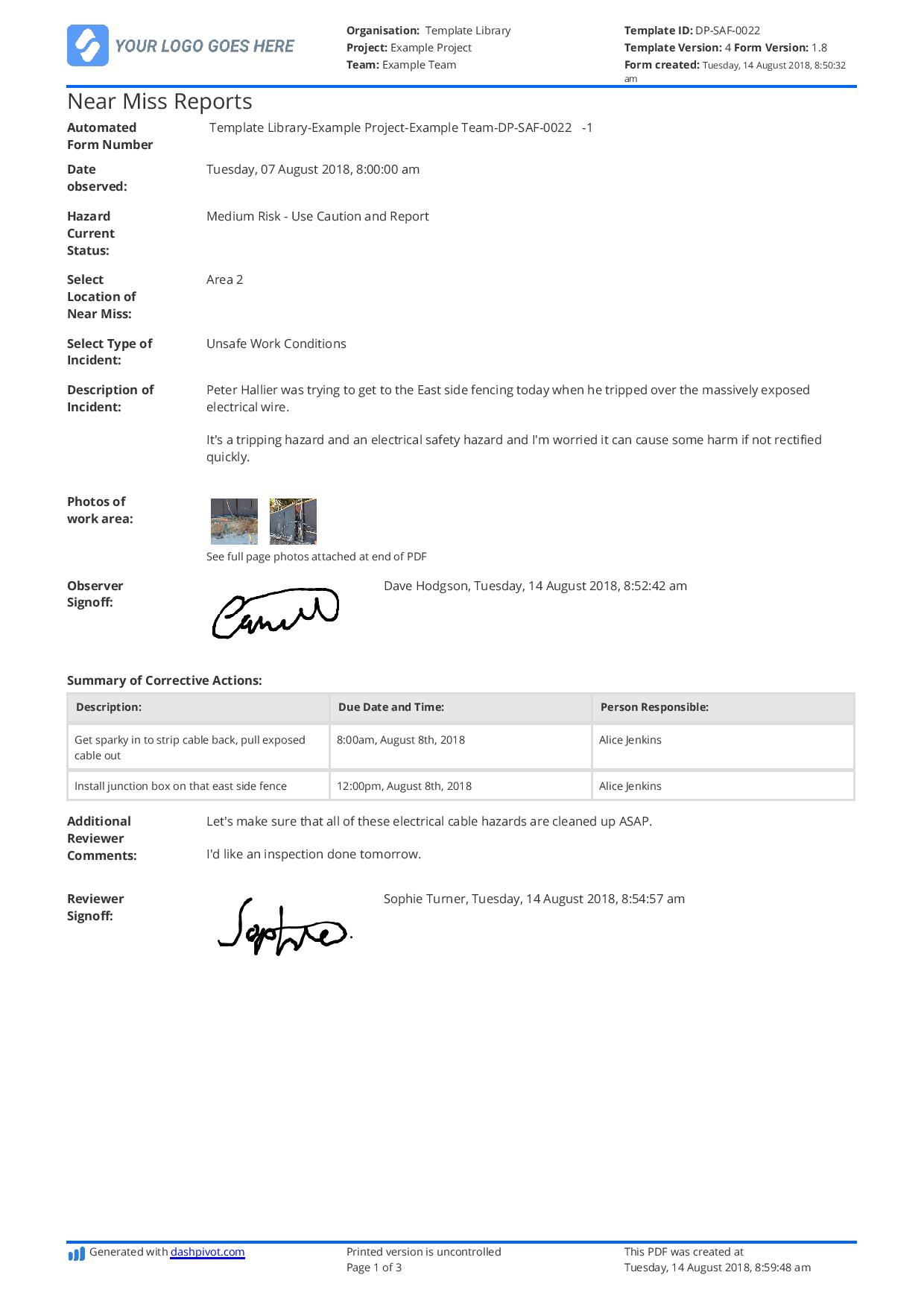 Free Near Miss Reporting Template (Easily Customisable) Pertaining To Incident Hazard Report Form Template