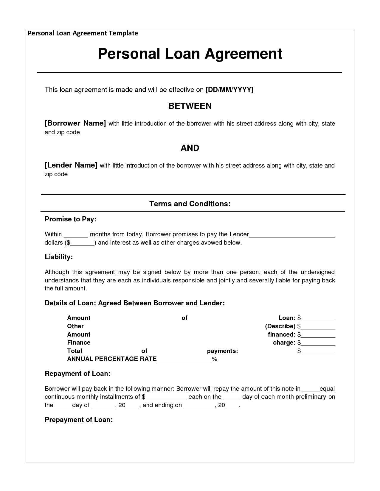 Free Personal Loan Agreement Form Template – $1000 Approved Throughout Blank Loan Agreement Template