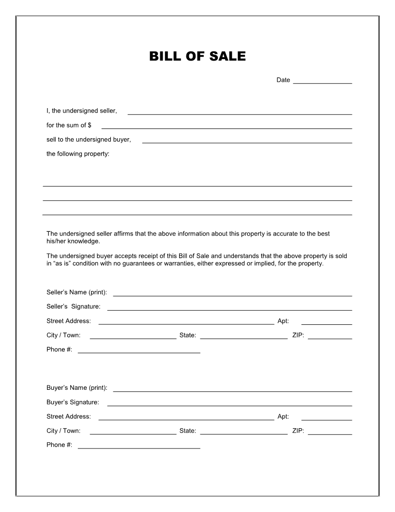 Free Printable Blank Bill Of Sale Form Template – As Is Bill Intended For Blank Legal Document Template