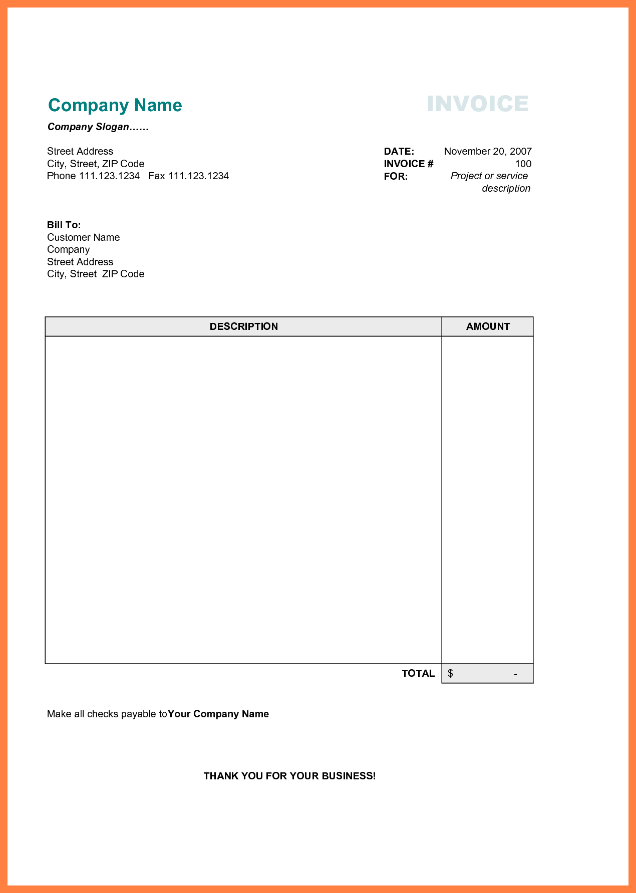 Free Printable Business Invoice Template - Invoice Format In For Free Printable Invoice Template Microsoft Word