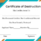 Free Printable Certificate Of Destruction Sample regarding Destruction Certificate Template