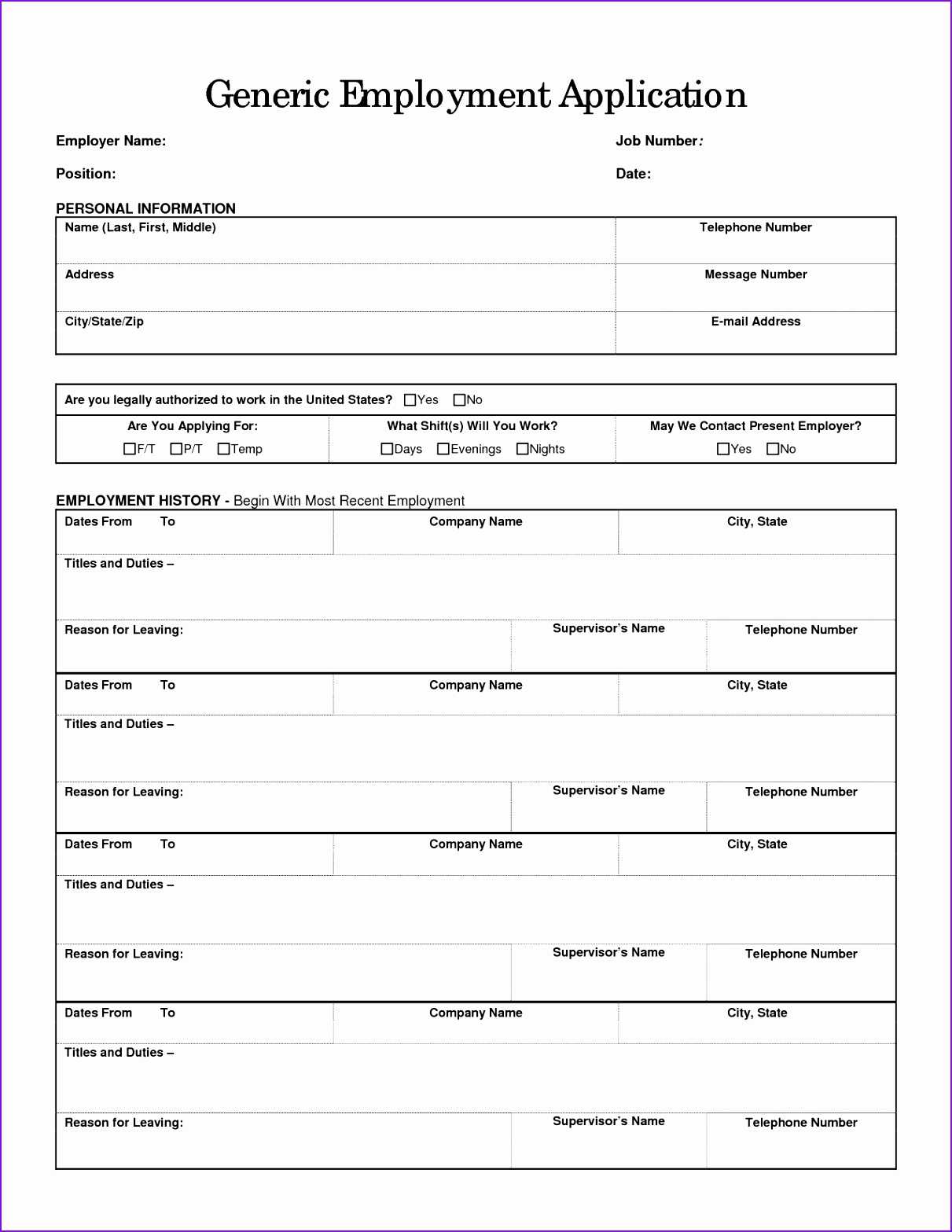 Free Printable Generic Job Application Form | Mult Igry For Job Application Template Word Document